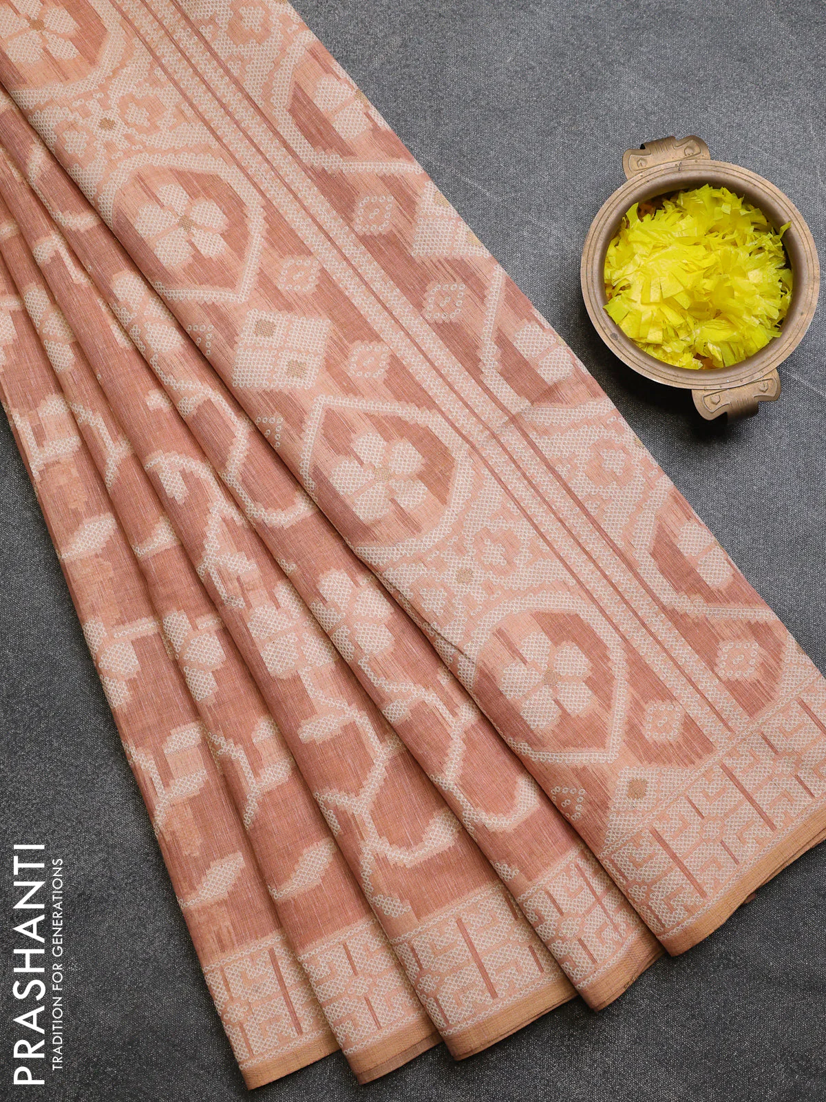 Linen cotton saree peach shade with allover jamdhani weaves - Image 4