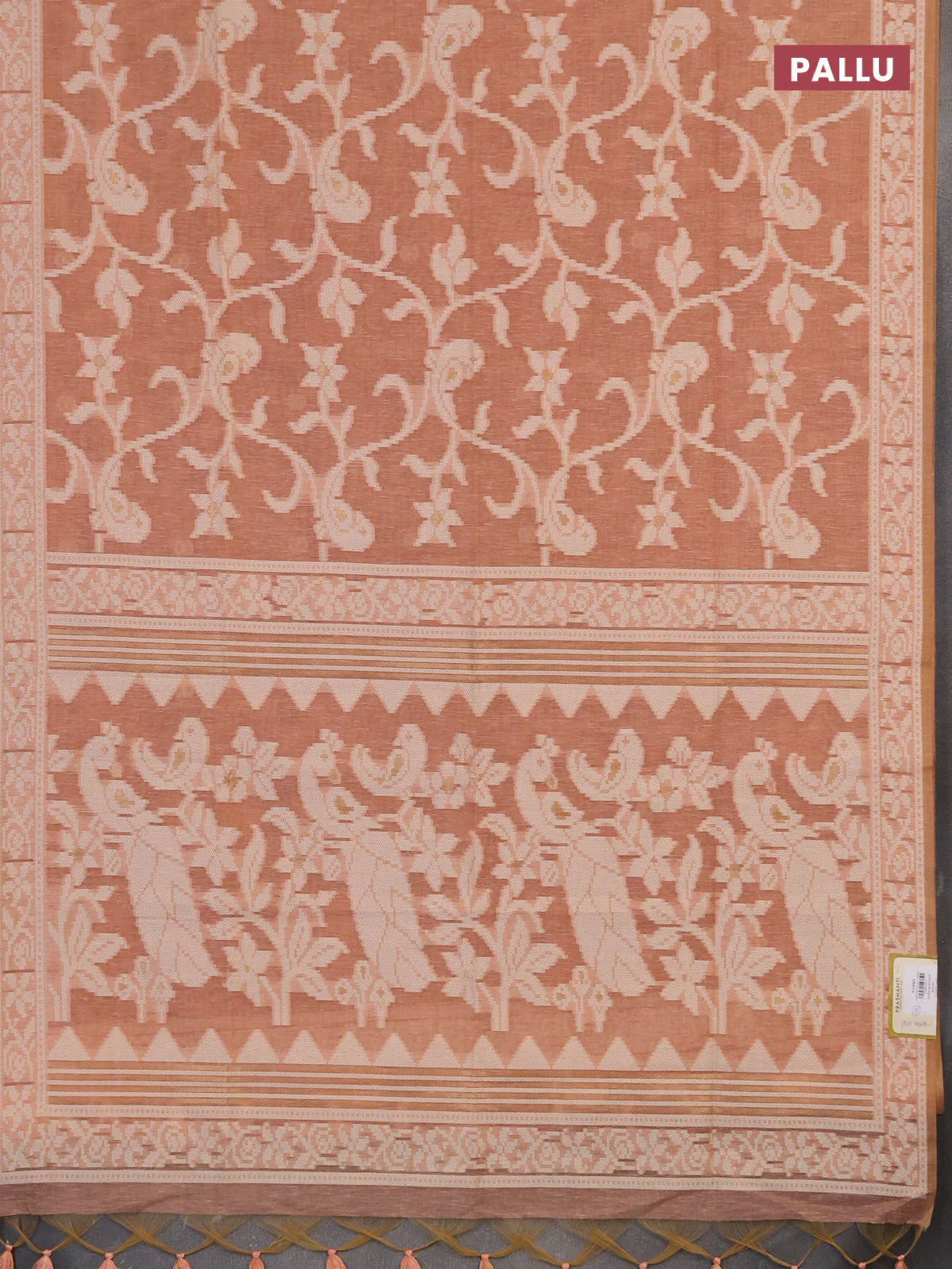 Linen cotton saree peach shade with allover jamdhani weaves - Image 3