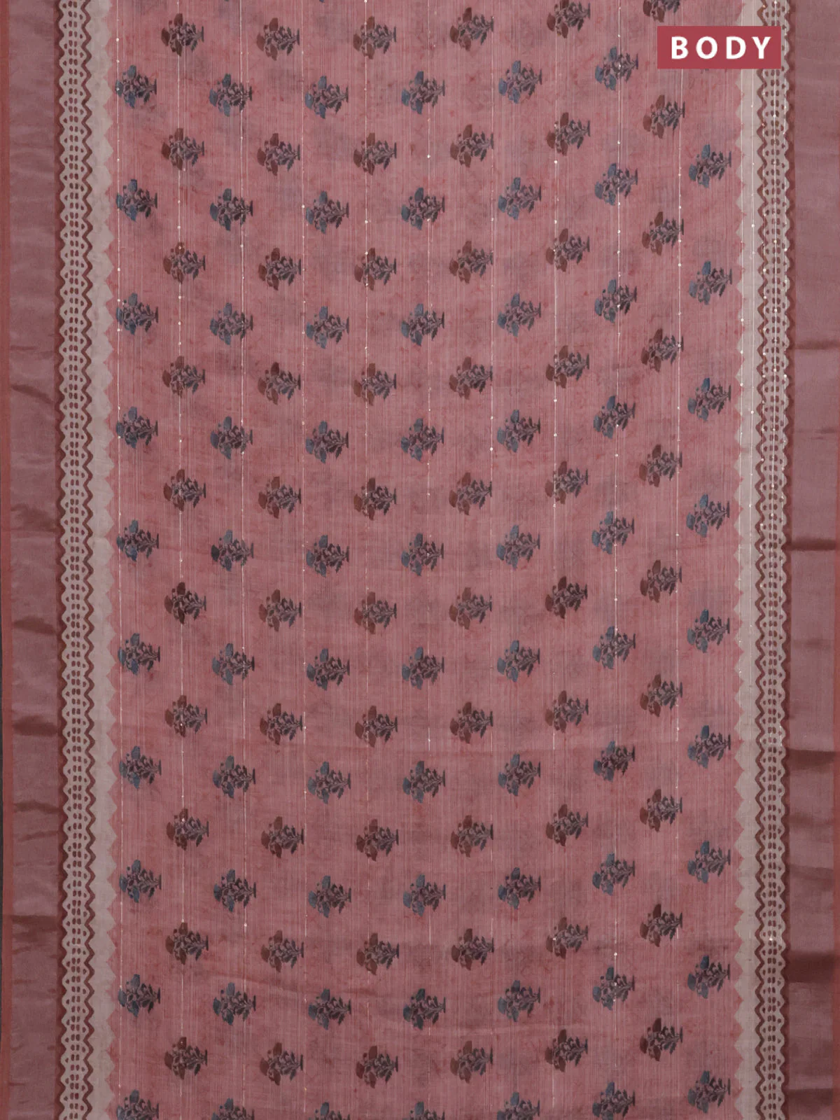 Linen cotton saree peach shade with floral butta prints & sequin work and silver zari woven border - Image 2