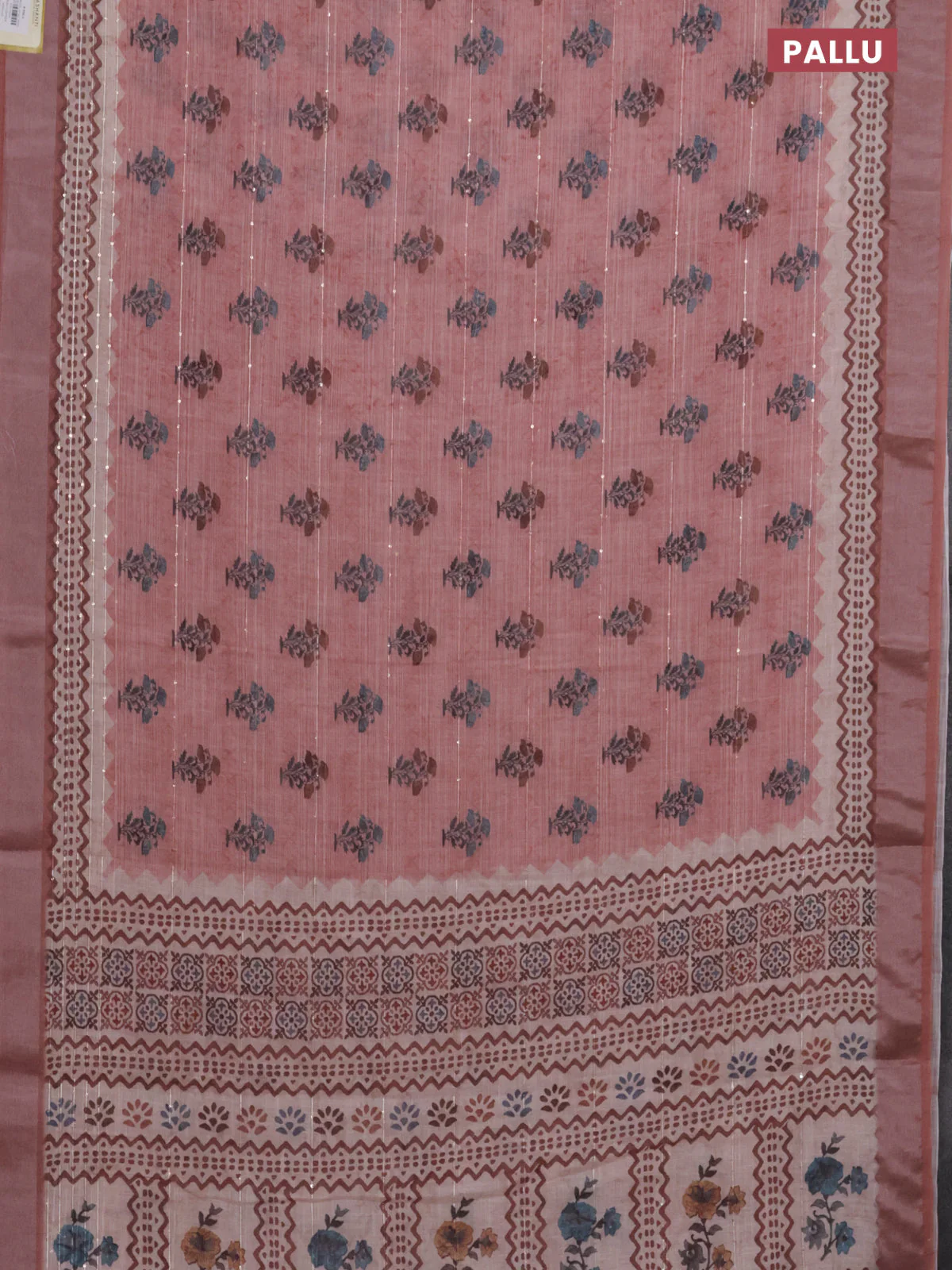 Linen cotton saree peach shade with floral butta prints & sequin work and silver zari woven border - Image 3