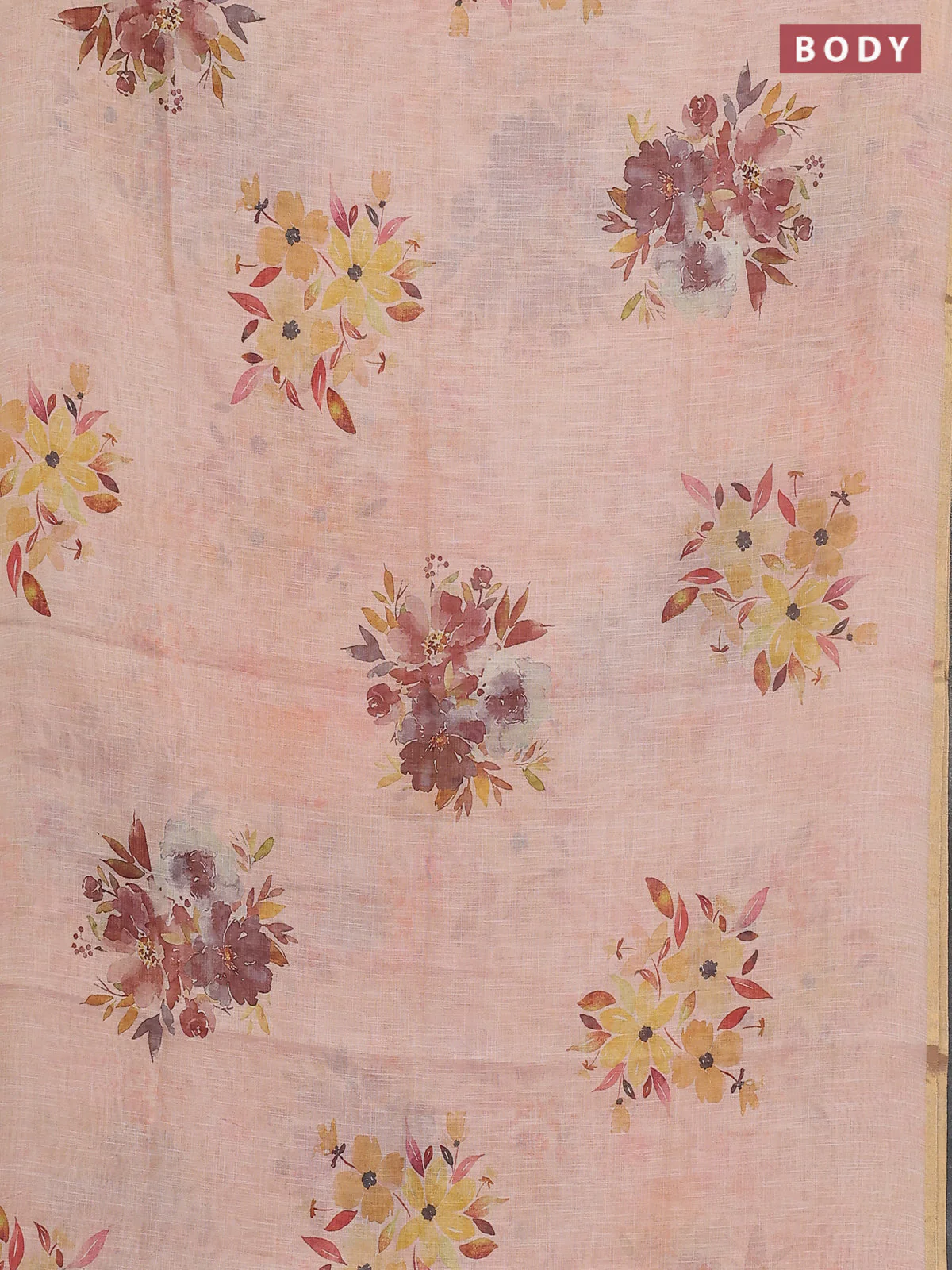 Linen cotton saree peach shade with floral digital prints and zari woven piping border - Image 2