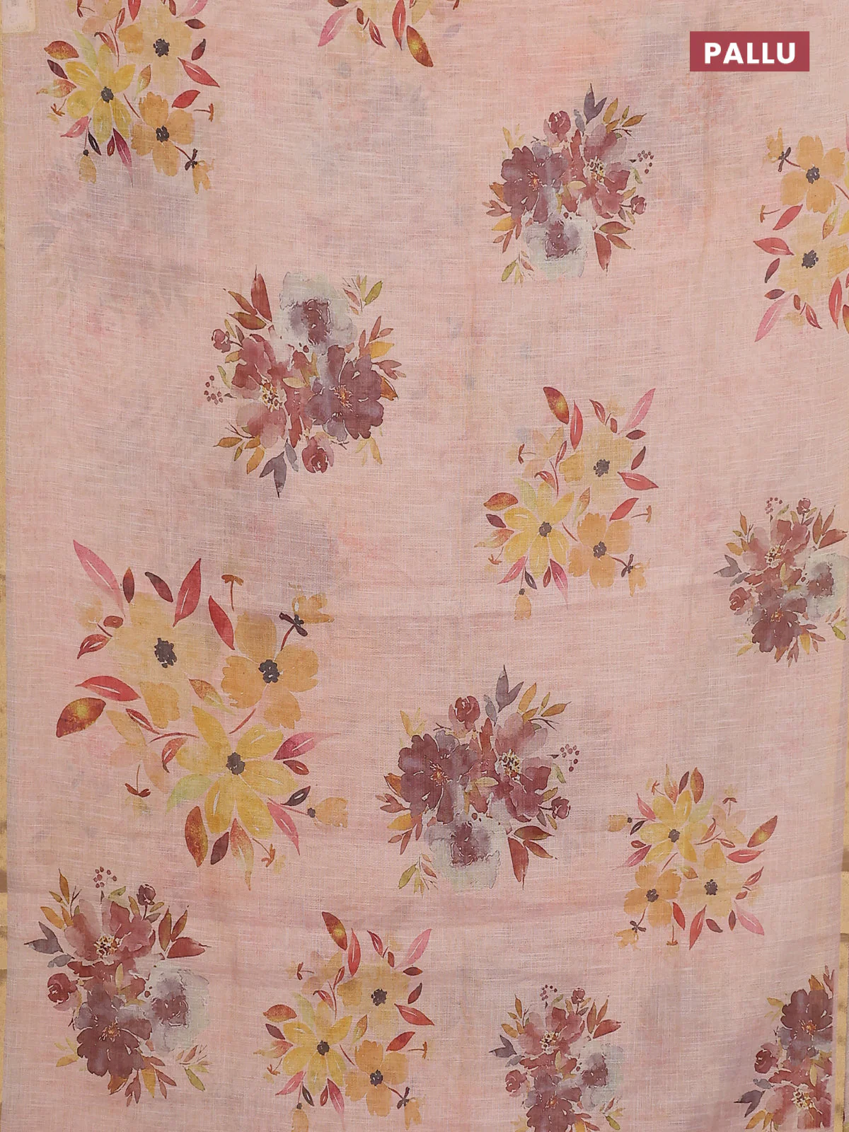 Linen cotton saree peach shade with floral digital prints and zari woven piping border - Image 3