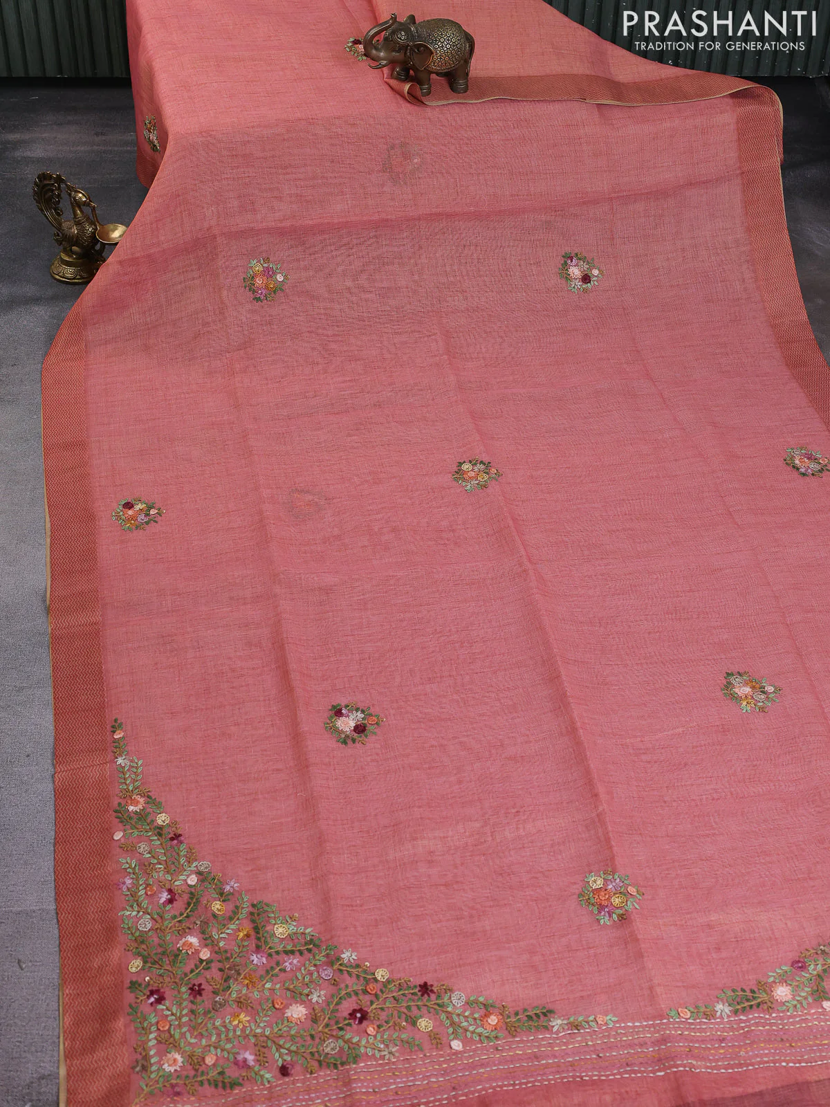 Linen cotton saree peach shade with kantha stitch work and printed border - Image 2