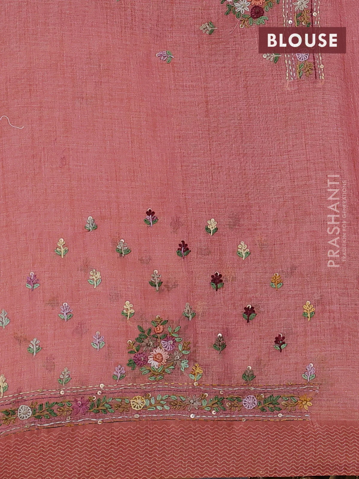 Linen cotton saree peach shade with kantha stitch work and printed border - Image 3