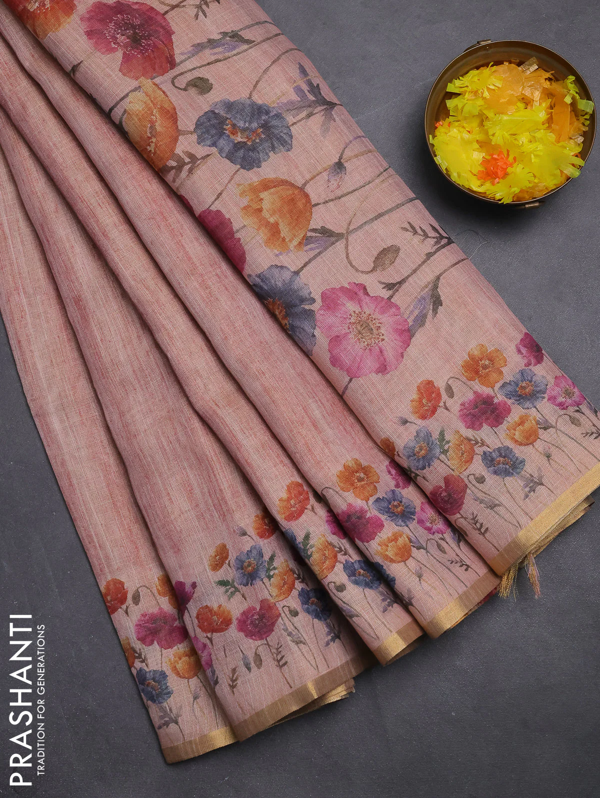 Linen cotton saree peach shade with plain body and digital printed border