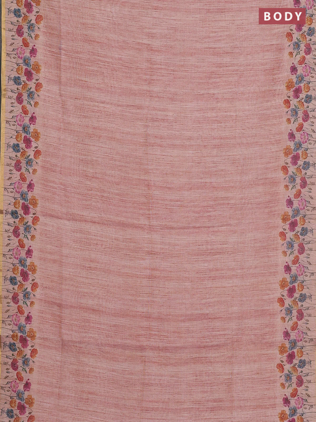 Linen cotton saree peach shade with plain body and digital printed border - Image 2
