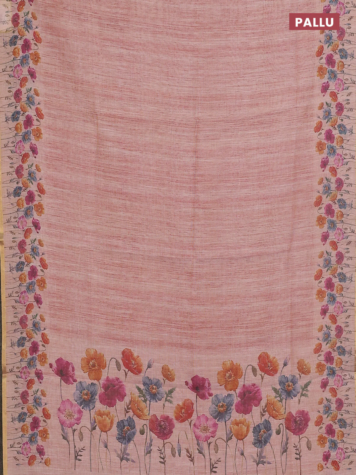 Linen cotton saree peach shade with plain body and digital printed border - Image 3