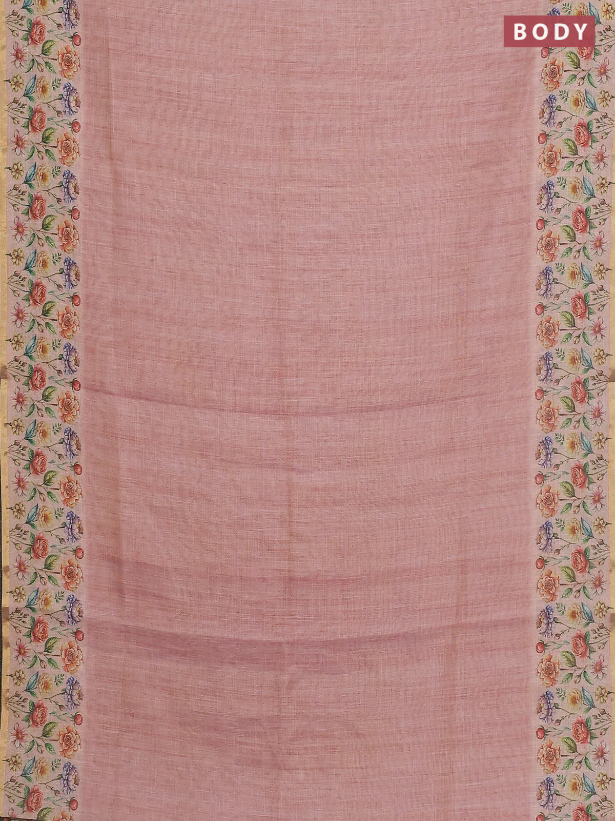 Linen cotton saree peach shade with plain body and digital printed border - Image 2