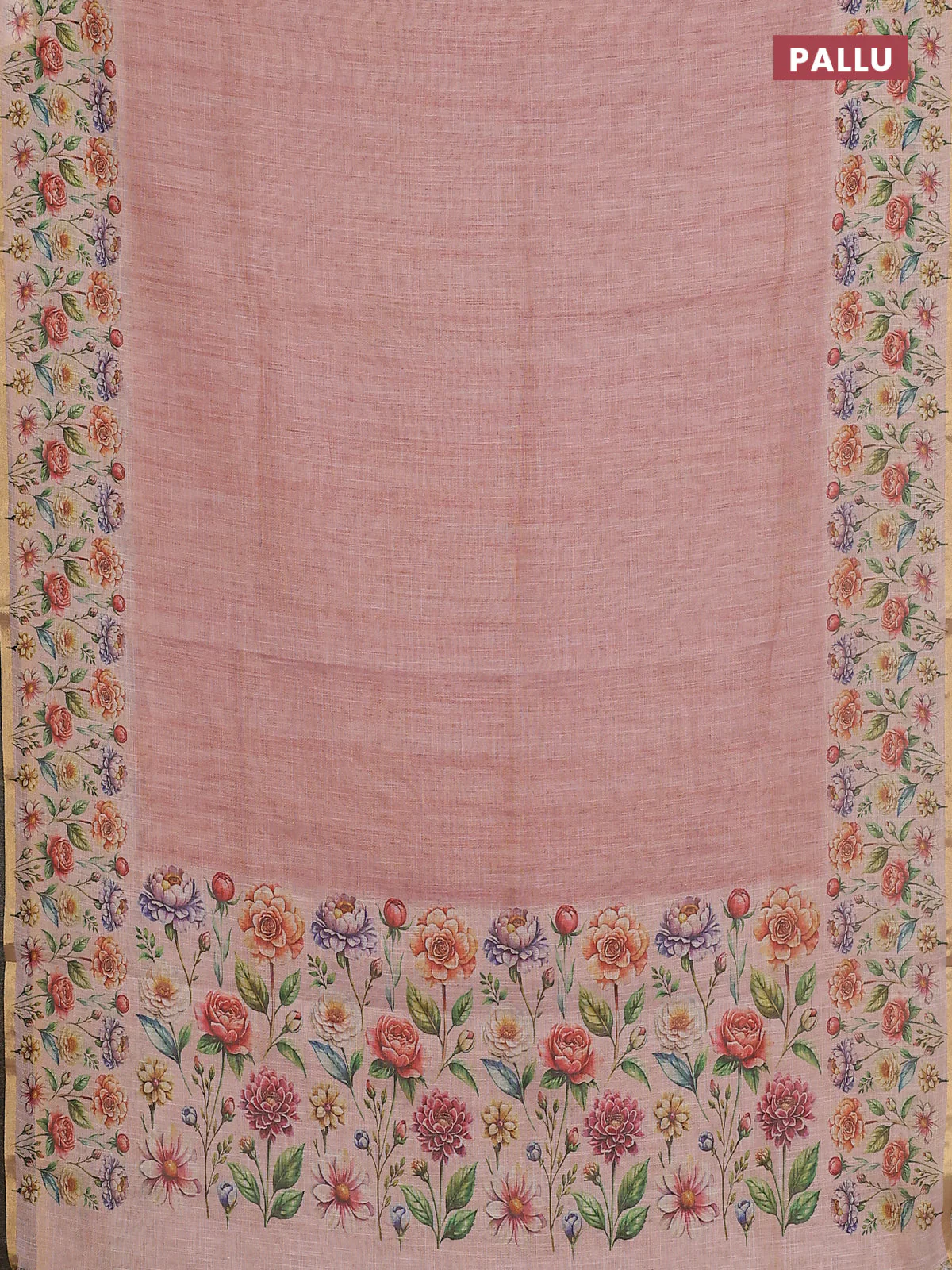 Linen cotton saree peach shade with plain body and digital printed border - Image 3