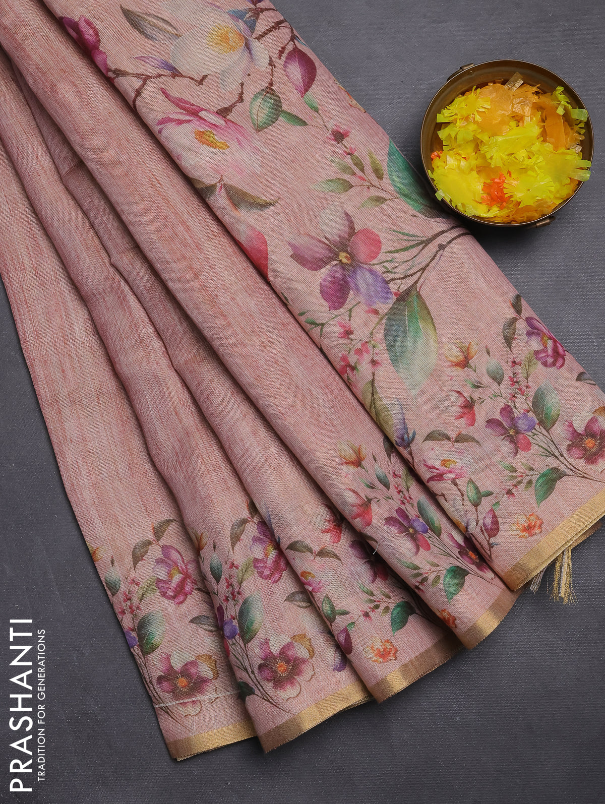 Linen cotton saree peach shade with plain body and digital printed border