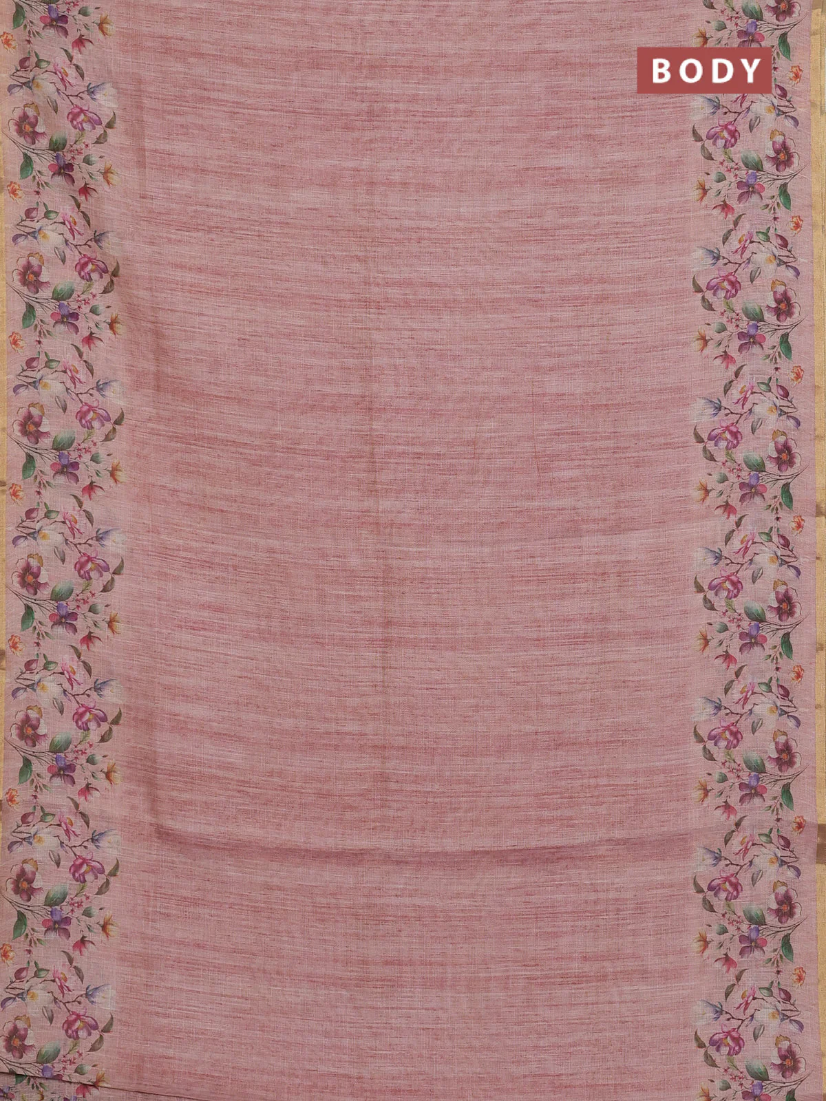 Linen cotton saree peach shade with plain body and digital printed border - Image 2