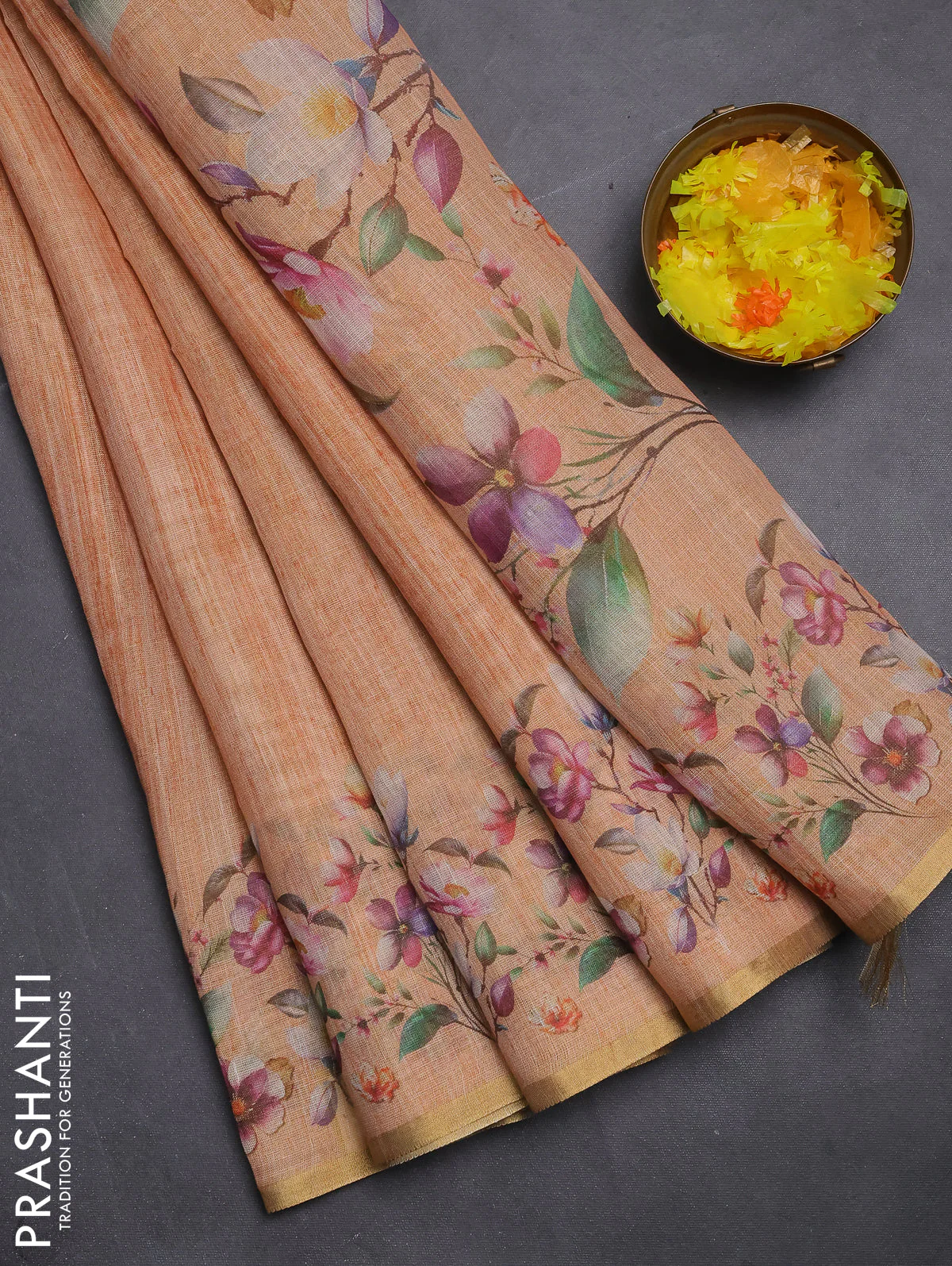 Linen cotton saree peach shade with plain body and digital printed border