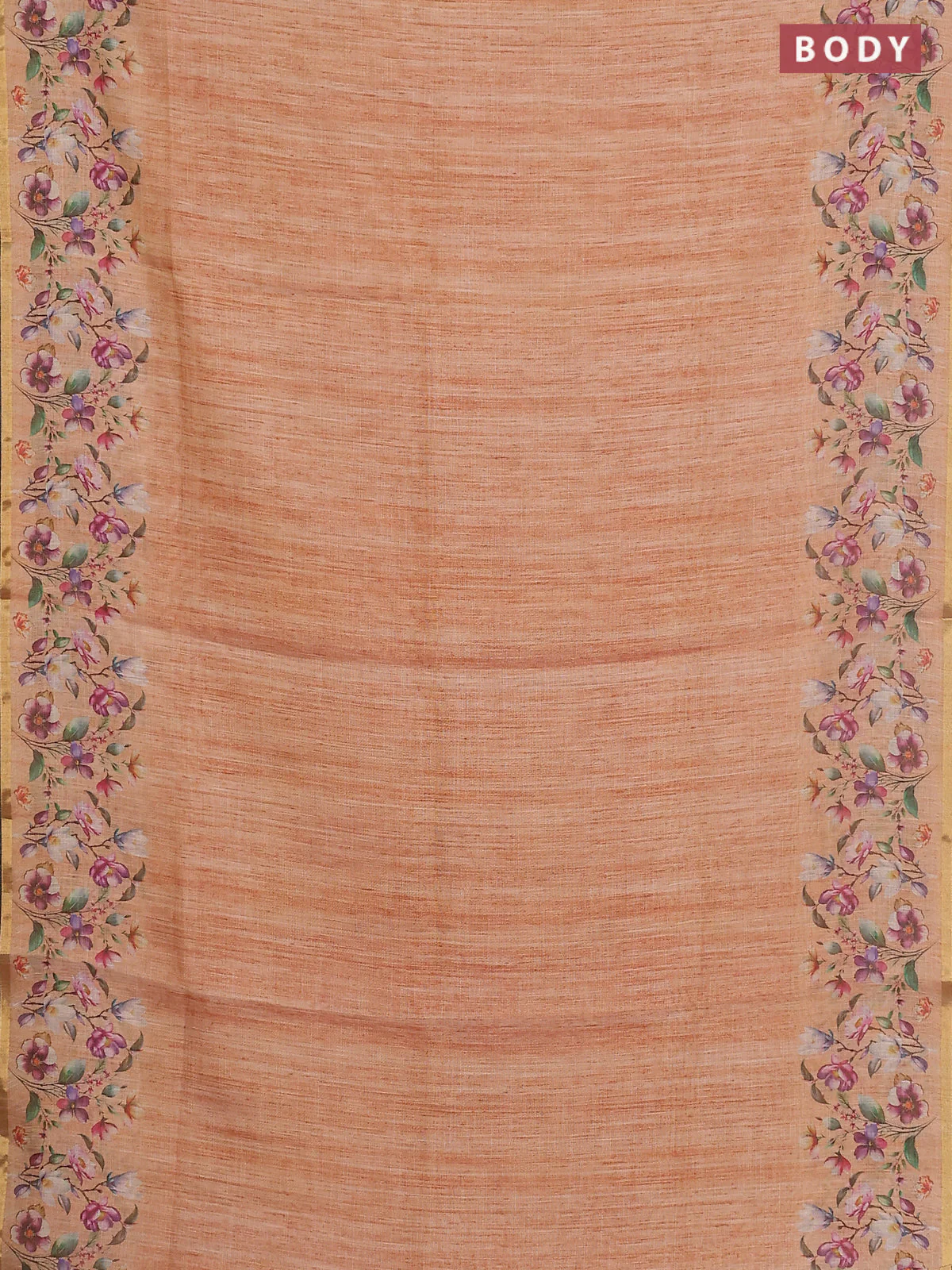 Linen cotton saree peach shade with plain body and digital printed border - Image 2