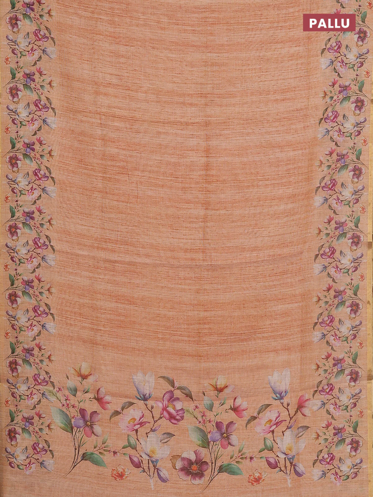Linen cotton saree peach shade with plain body and digital printed border - Image 3