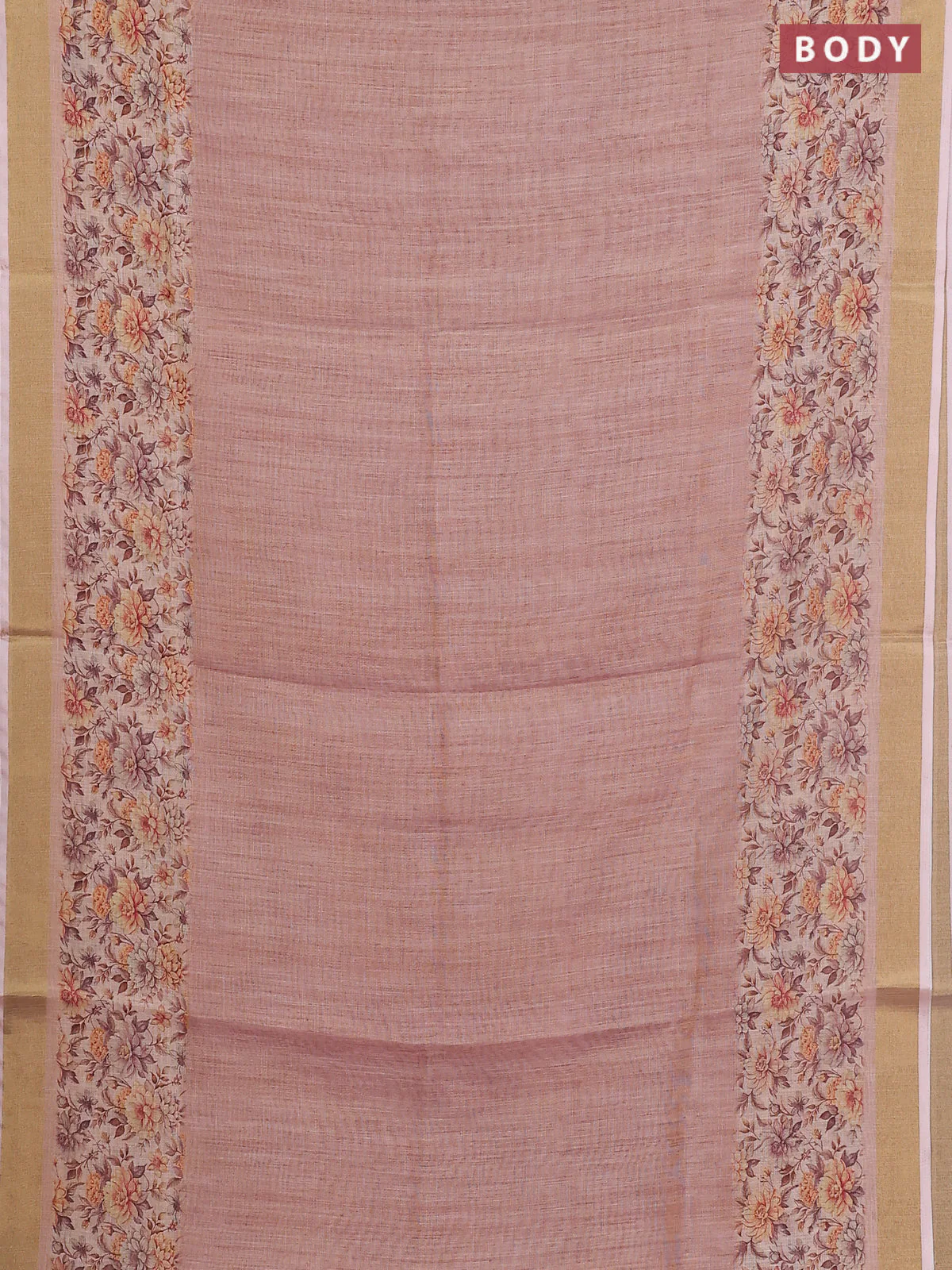 Linen cotton saree peach shade with plain body and floral printed border - Image 2
