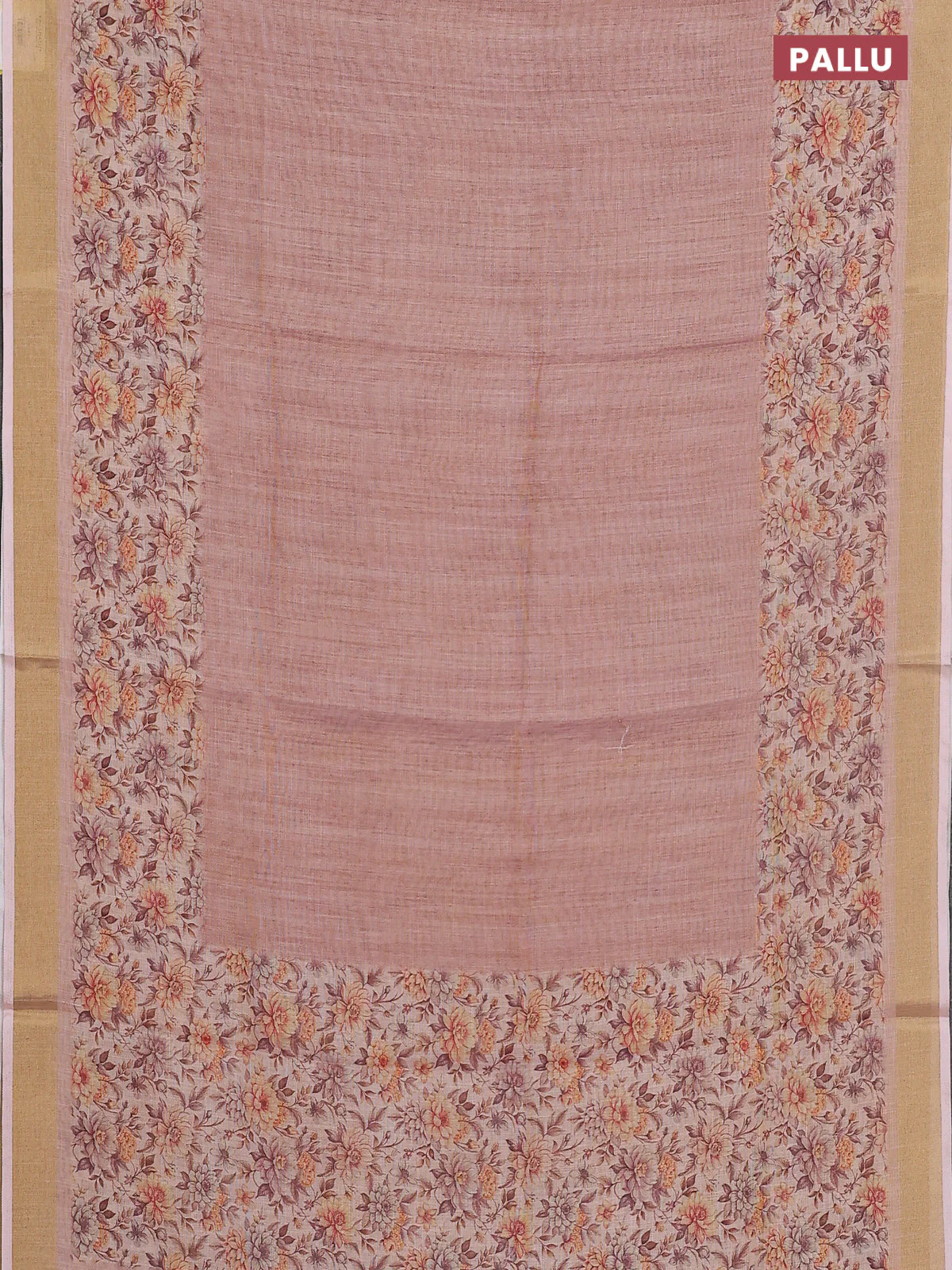 Linen cotton saree peach shade with plain body and floral printed border - Image 3