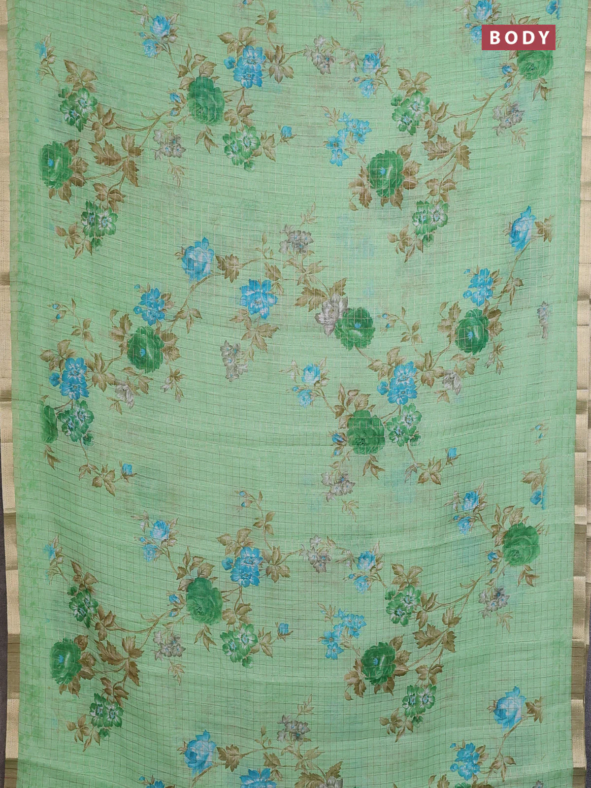 Linen cotton saree pista green with allover floral prints & zari checks and zari woven border - Image 2