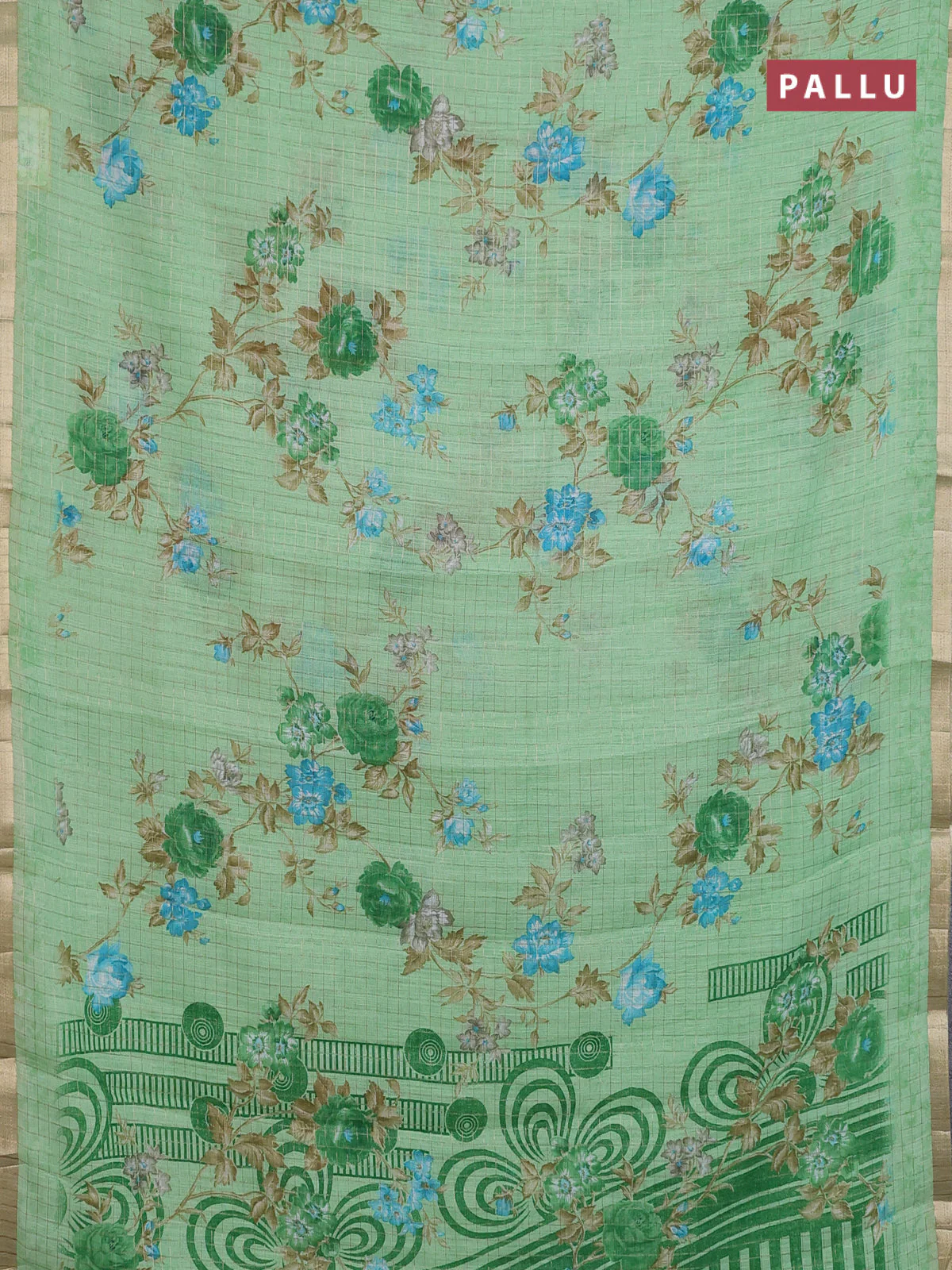 Linen cotton saree pista green with allover floral prints & zari checks and zari woven border - Image 3