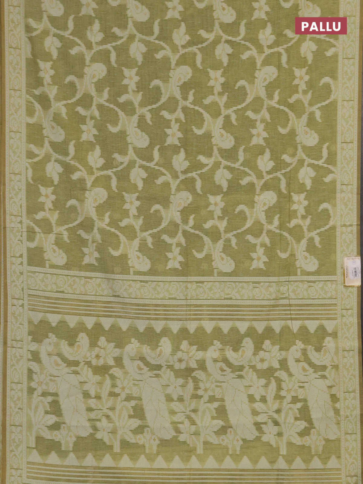 Linen cotton saree pista green with allover jamdhani weaves - Image 3
