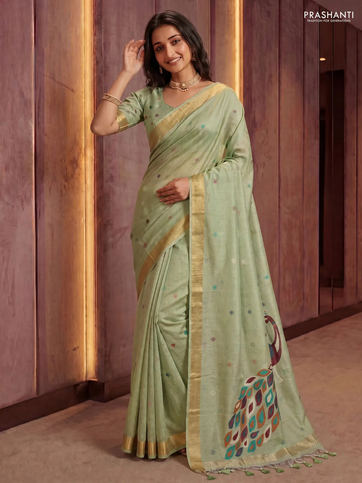 Linen cotton saree pista green with allover thread woven buttas and peacock pallu - Image 2