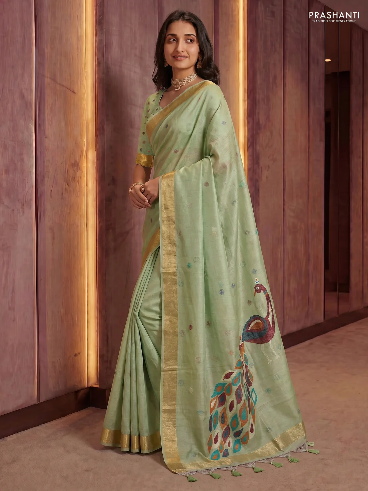 Linen cotton saree pista green with allover thread woven buttas and peacock pallu - Image 3