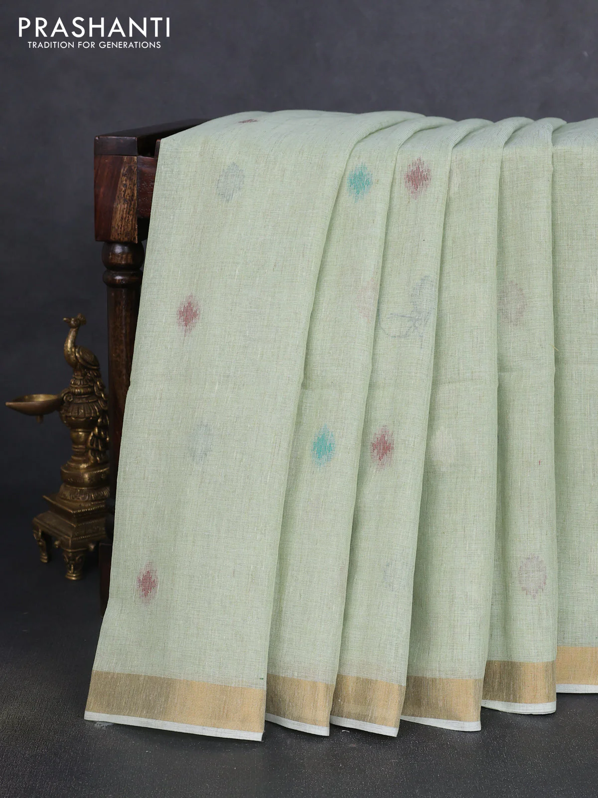 Linen cotton saree pista green with allover thread woven buttas and peacock pallu - Image 5