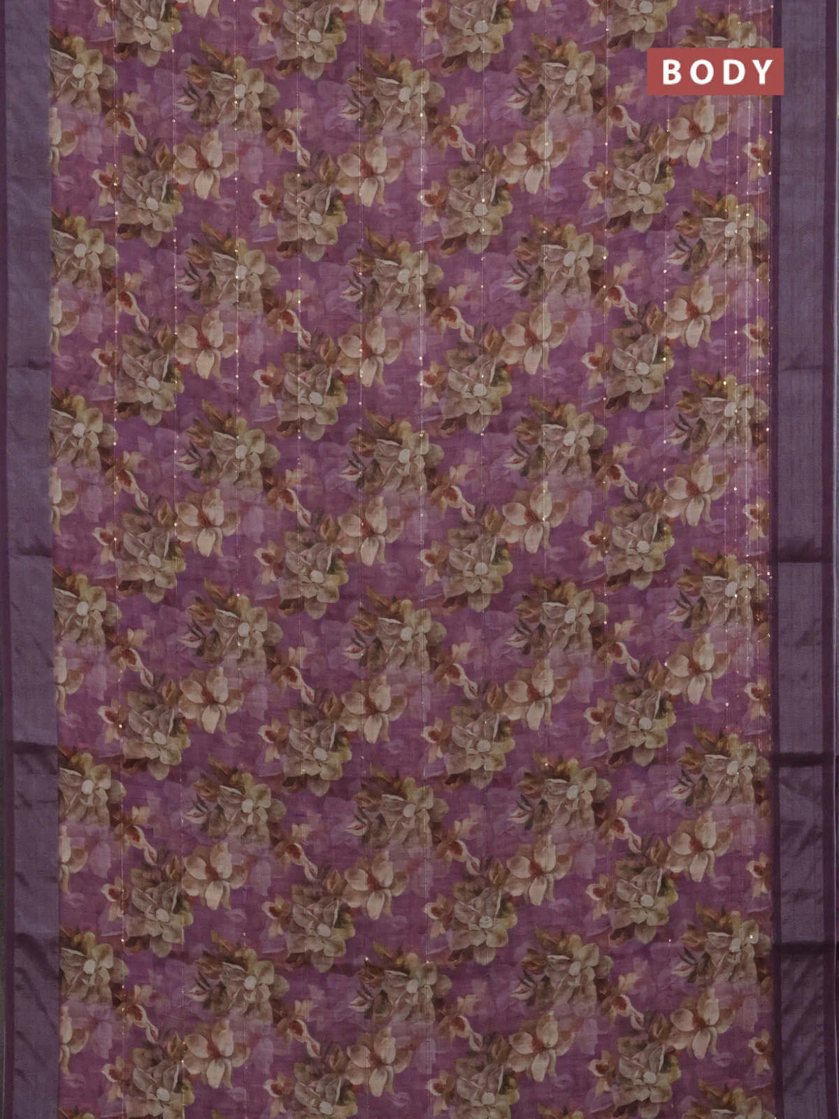 Linen cotton saree purple shade and wine shade with floral prints & sequin work and silver zari woven border - Image 2