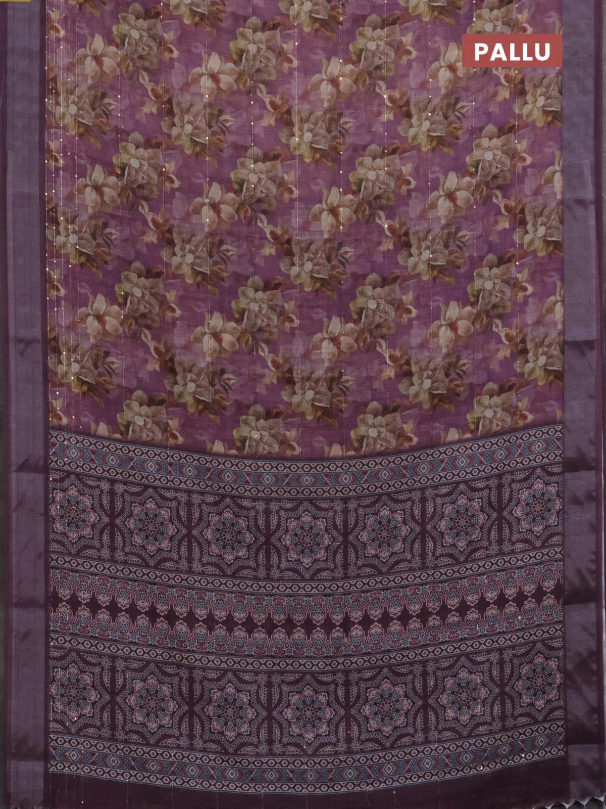Linen cotton saree purple shade and wine shade with floral prints & sequin work and silver zari woven border - Image 3