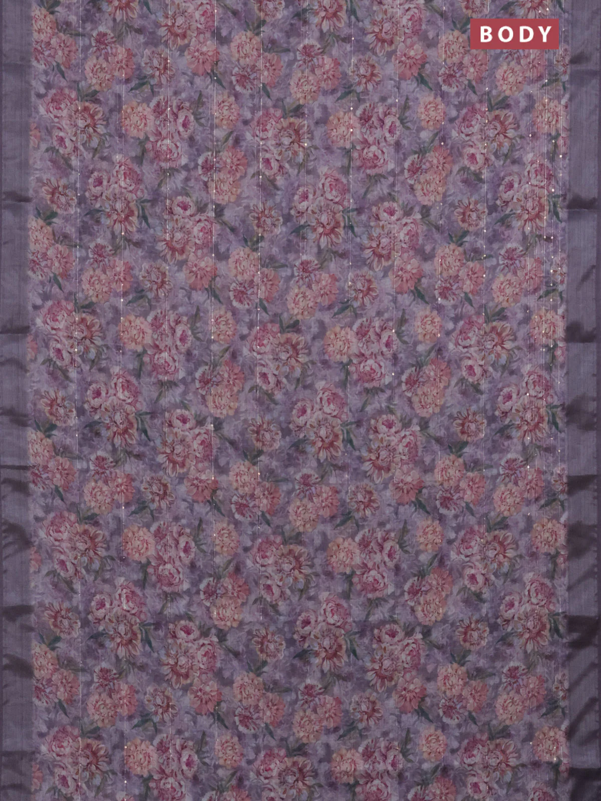 Linen cotton saree purple shade with floral prints & sequin work and silver zari woven border - Image 2