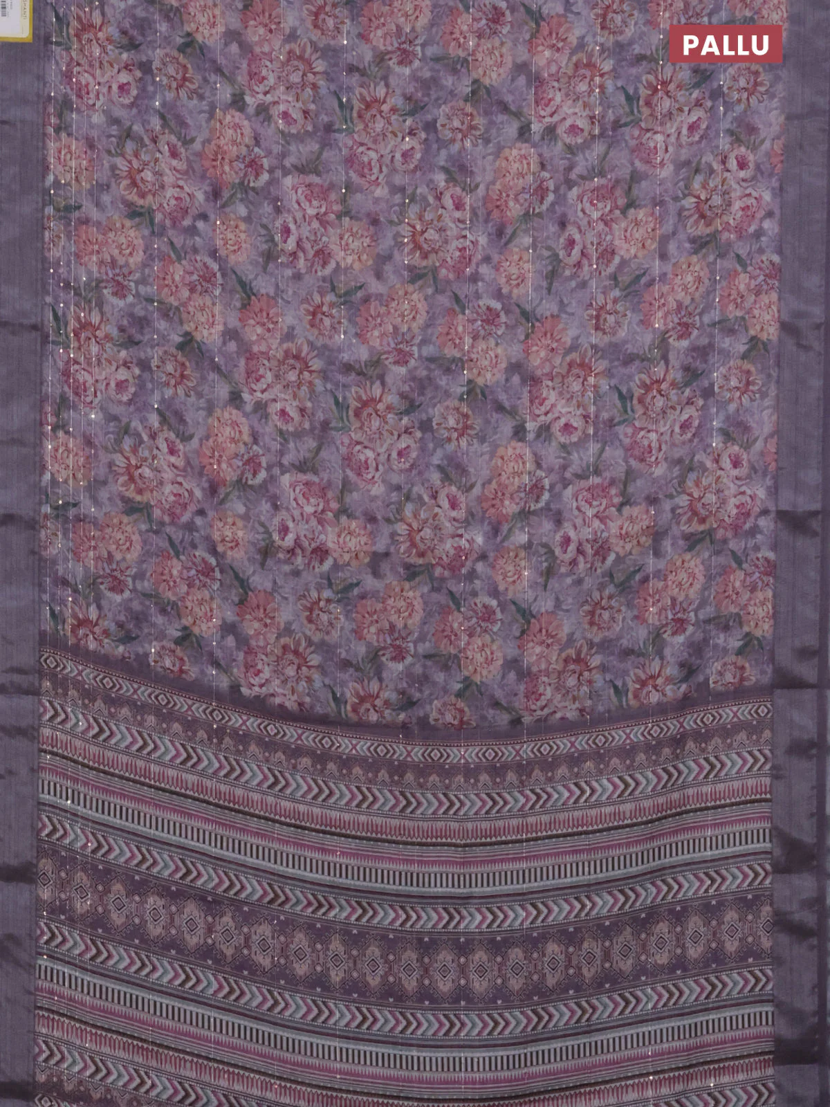 Linen cotton saree purple shade with floral prints & sequin work and silver zari woven border - Image 3