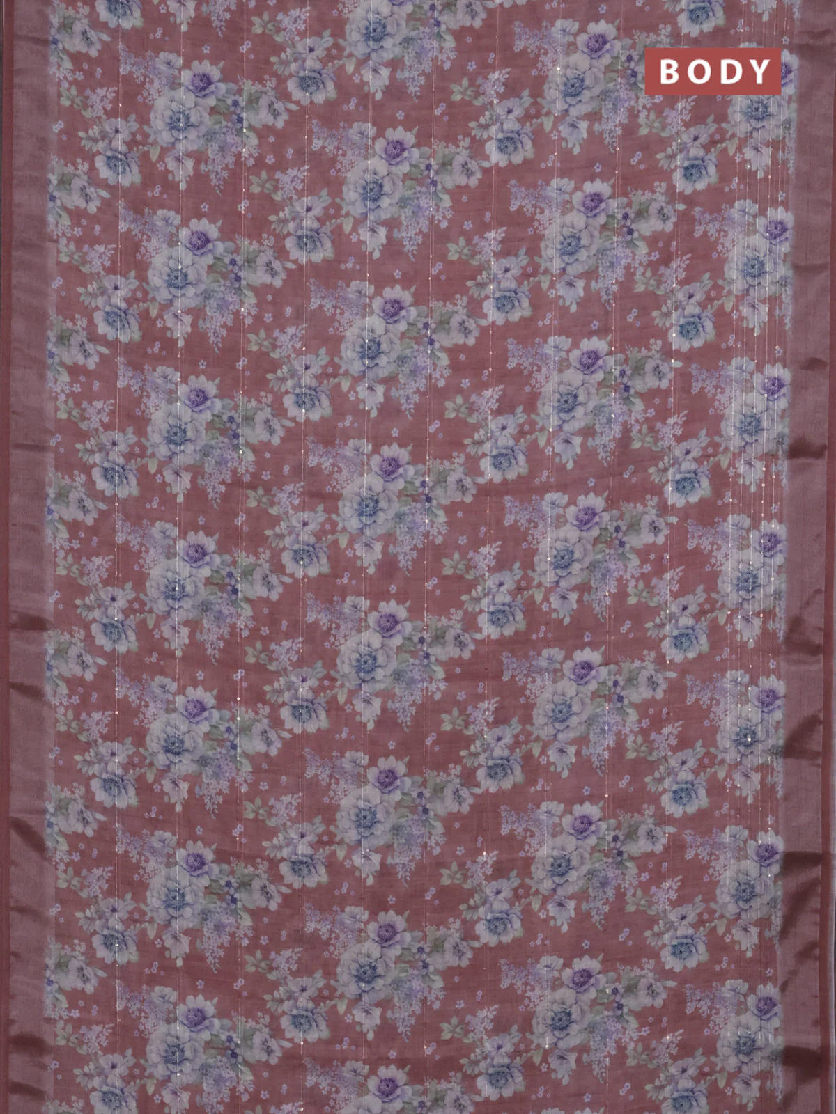Linen cotton saree rust shade with floral prints & sequin work and silver zari woven border - Image 2