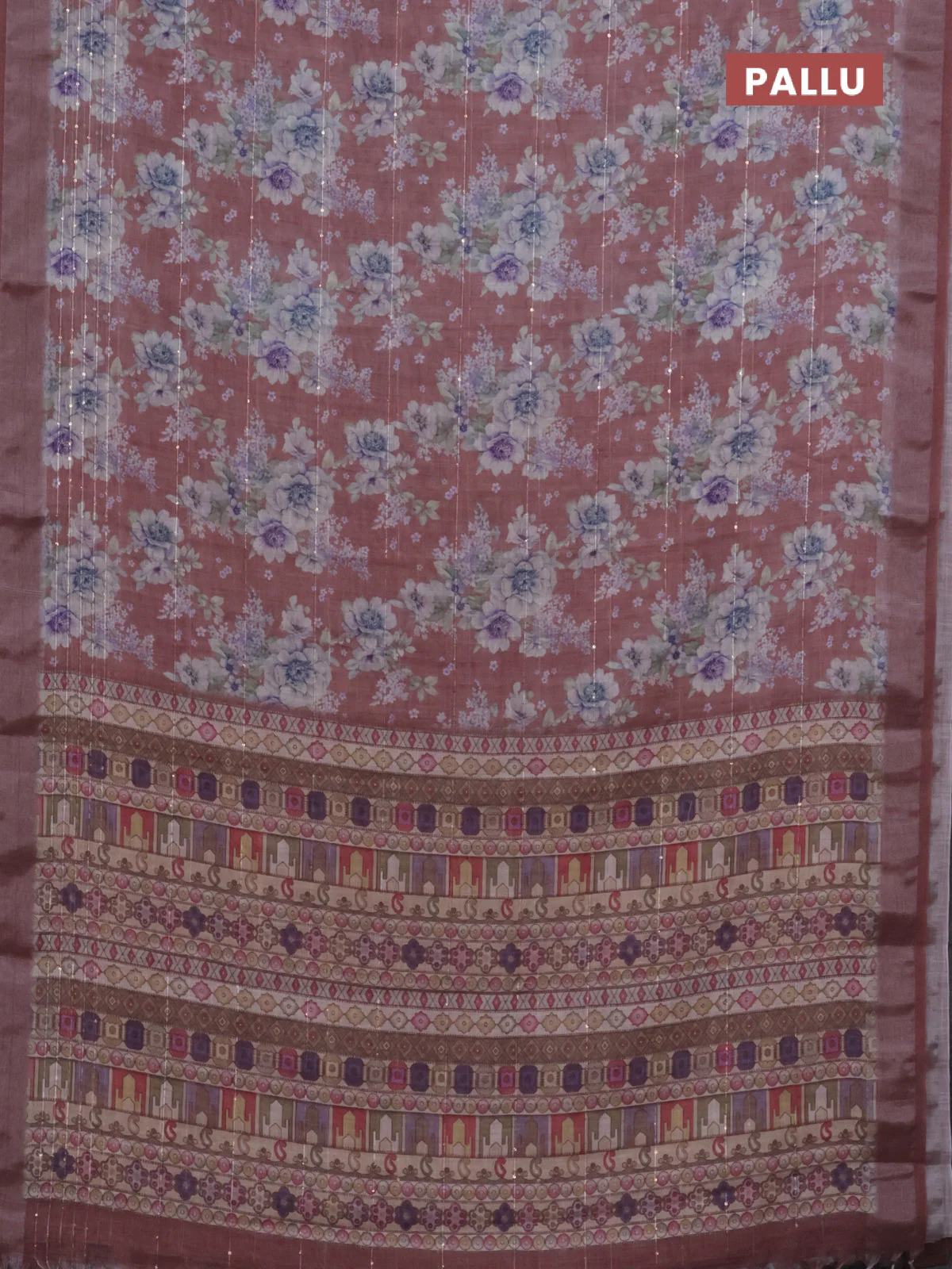 Linen cotton saree rust shade with floral prints & sequin work and silver zari woven border - Image 3