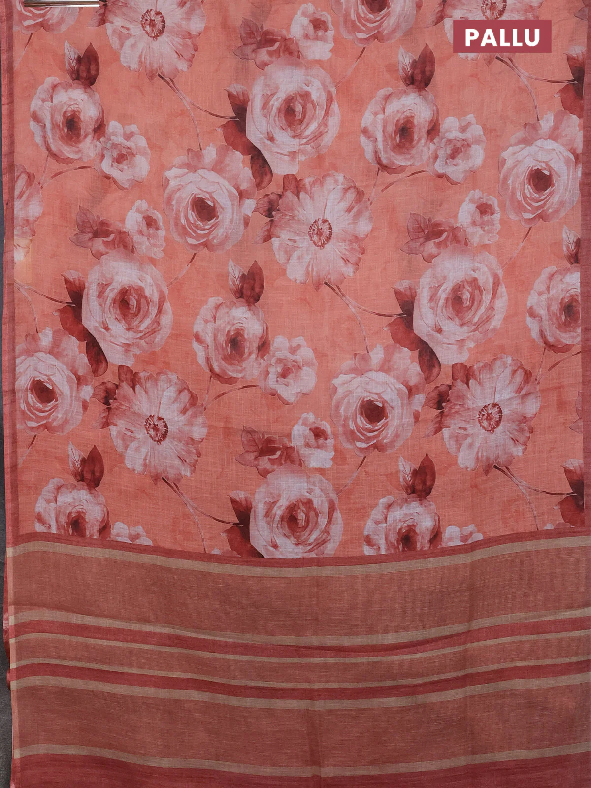 Linen cotton saree rustic orange with allover floral digital prints and simple border - Image 3