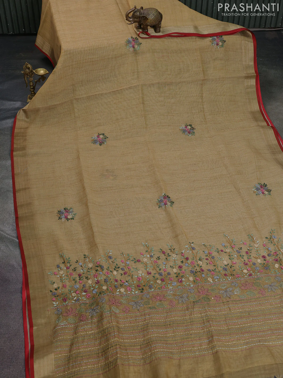 Linen cotton saree sandal and mustard green with kantha stitch work and zari woven border - Image 2