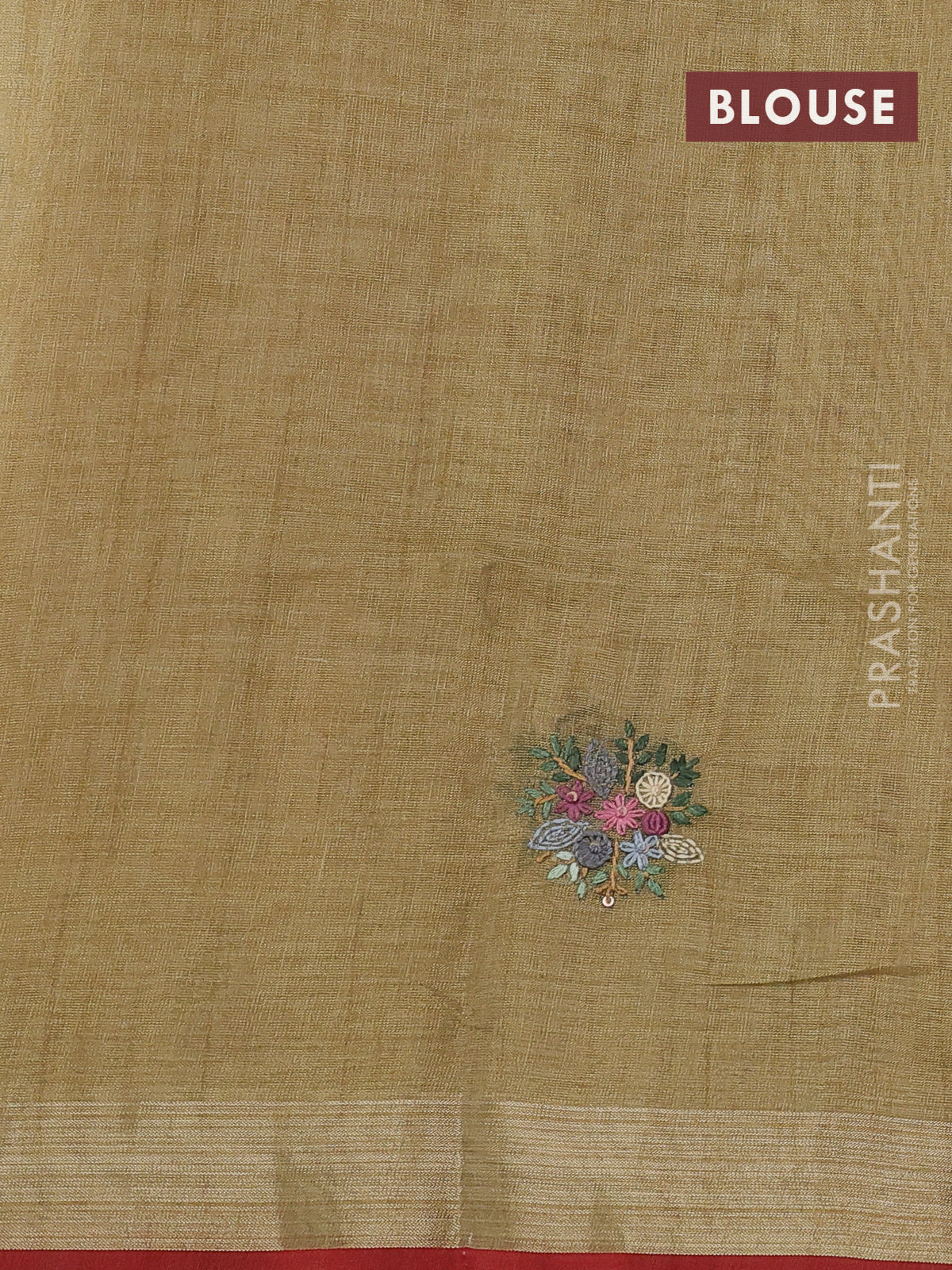 Linen cotton saree sandal and mustard green with kantha stitch work and zari woven border - Image 3