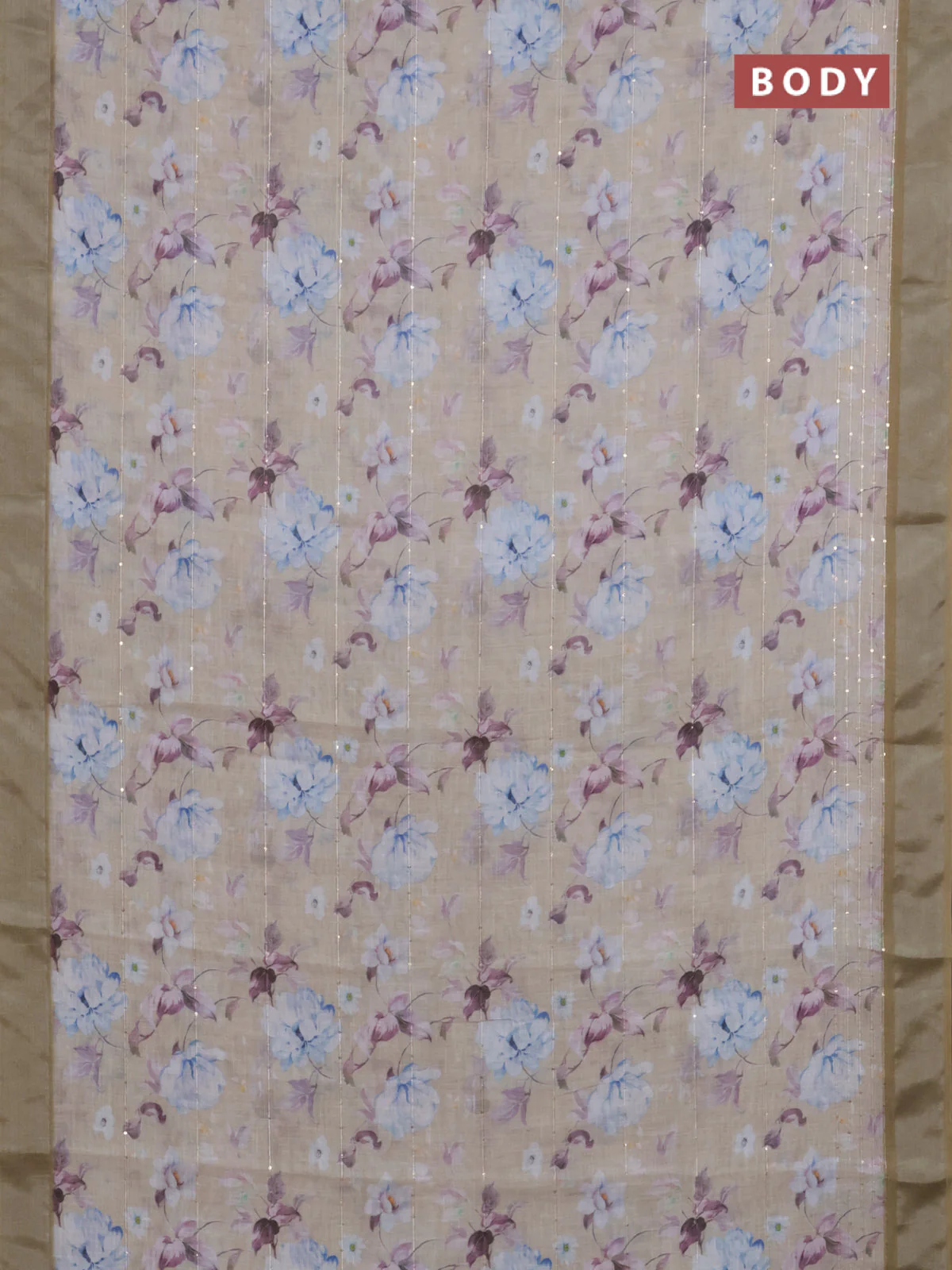 Linen cotton saree sandal and mustard shade with floral prints & sequin work and silver zari woven border - Image 2