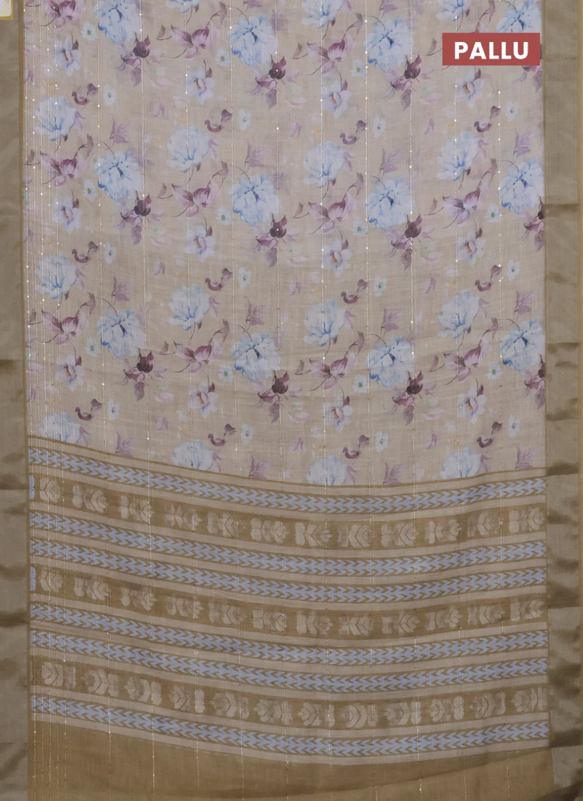 Linen cotton saree sandal and mustard shade with floral prints & sequin work and silver zari woven border - Image 3