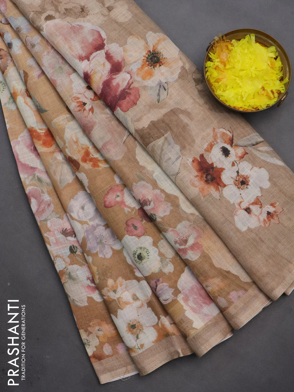 Linen cotton saree sandal with allover floral digital prints and simple border