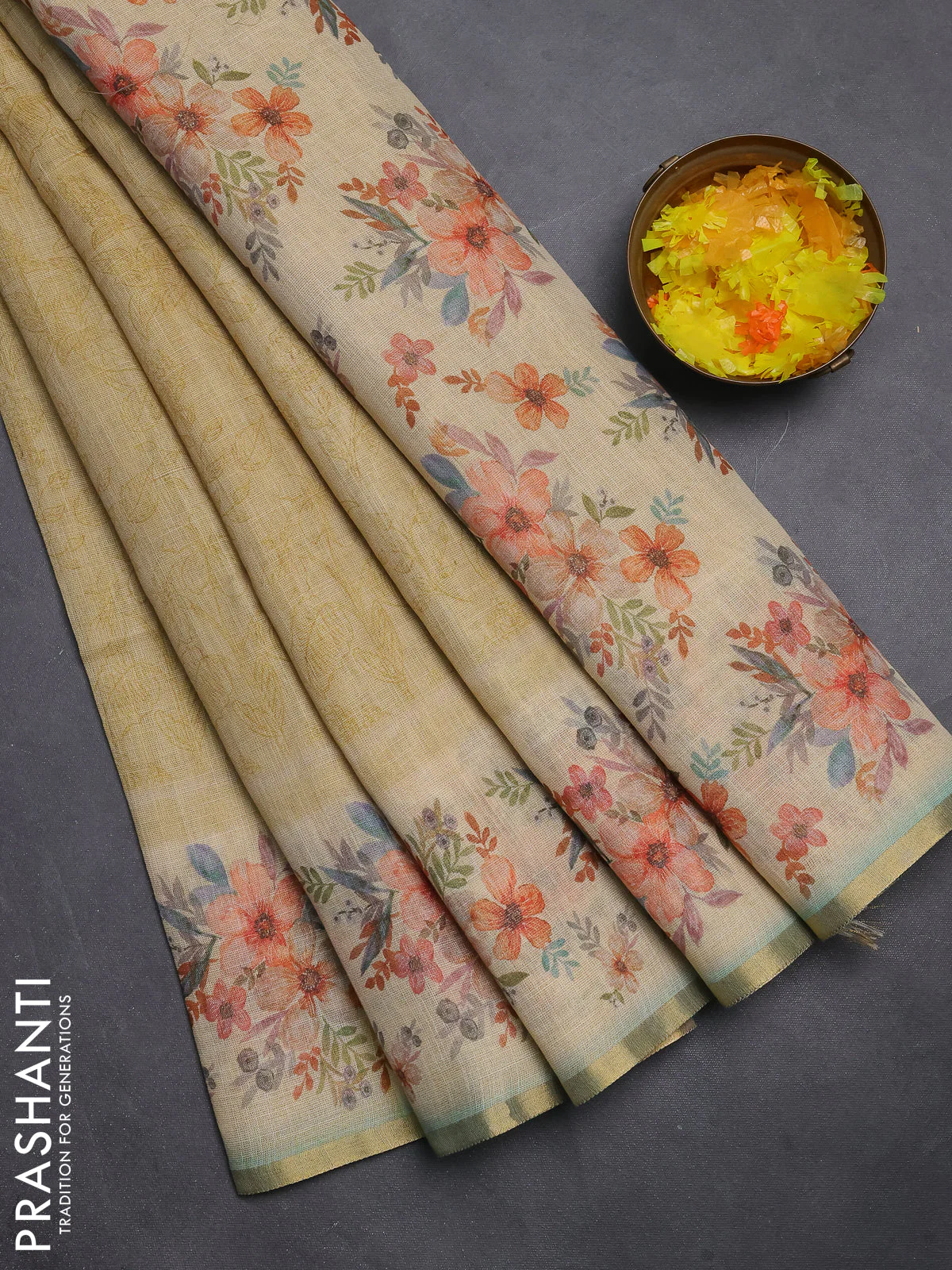 Linen cotton saree sandal with allover prints and printed border