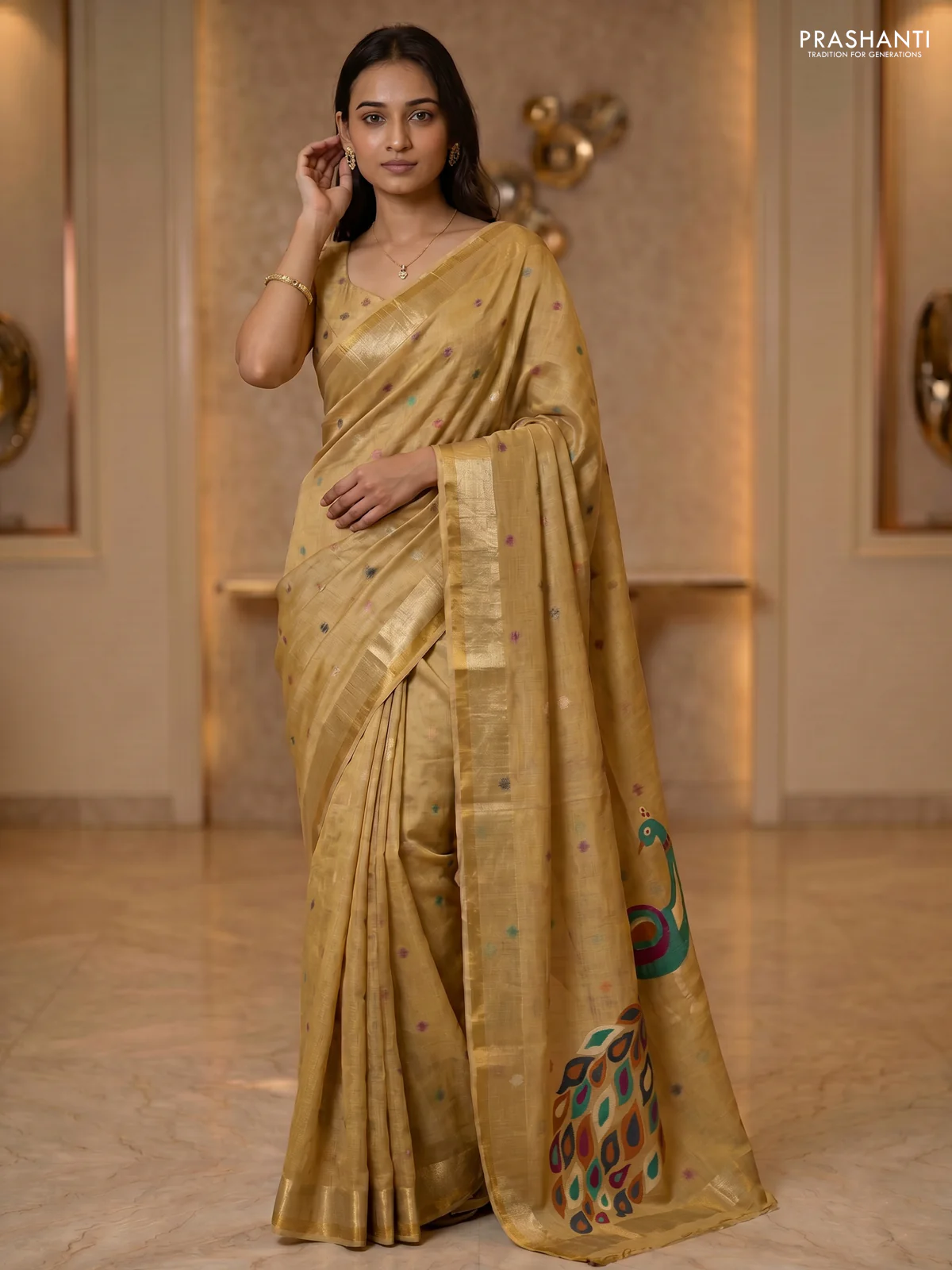 Linen cotton saree sandal with allover thread woven buttas and peacock pallu - Image 2