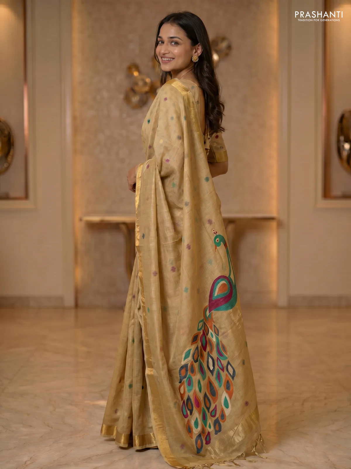 Linen cotton saree sandal with allover thread woven buttas and peacock pallu - Image 3