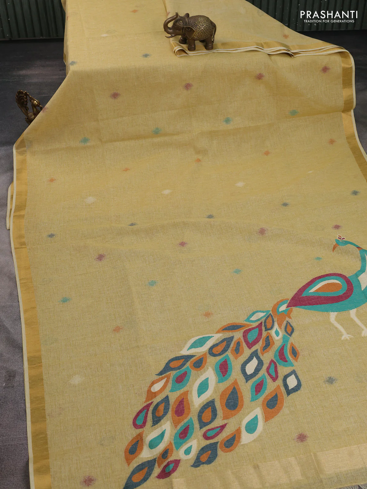 Linen cotton saree sandal with allover thread woven buttas and peacock pallu - Image 4