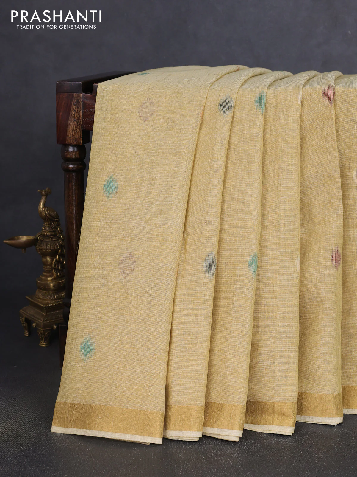 Linen cotton saree sandal with allover thread woven buttas and peacock pallu - Image 5