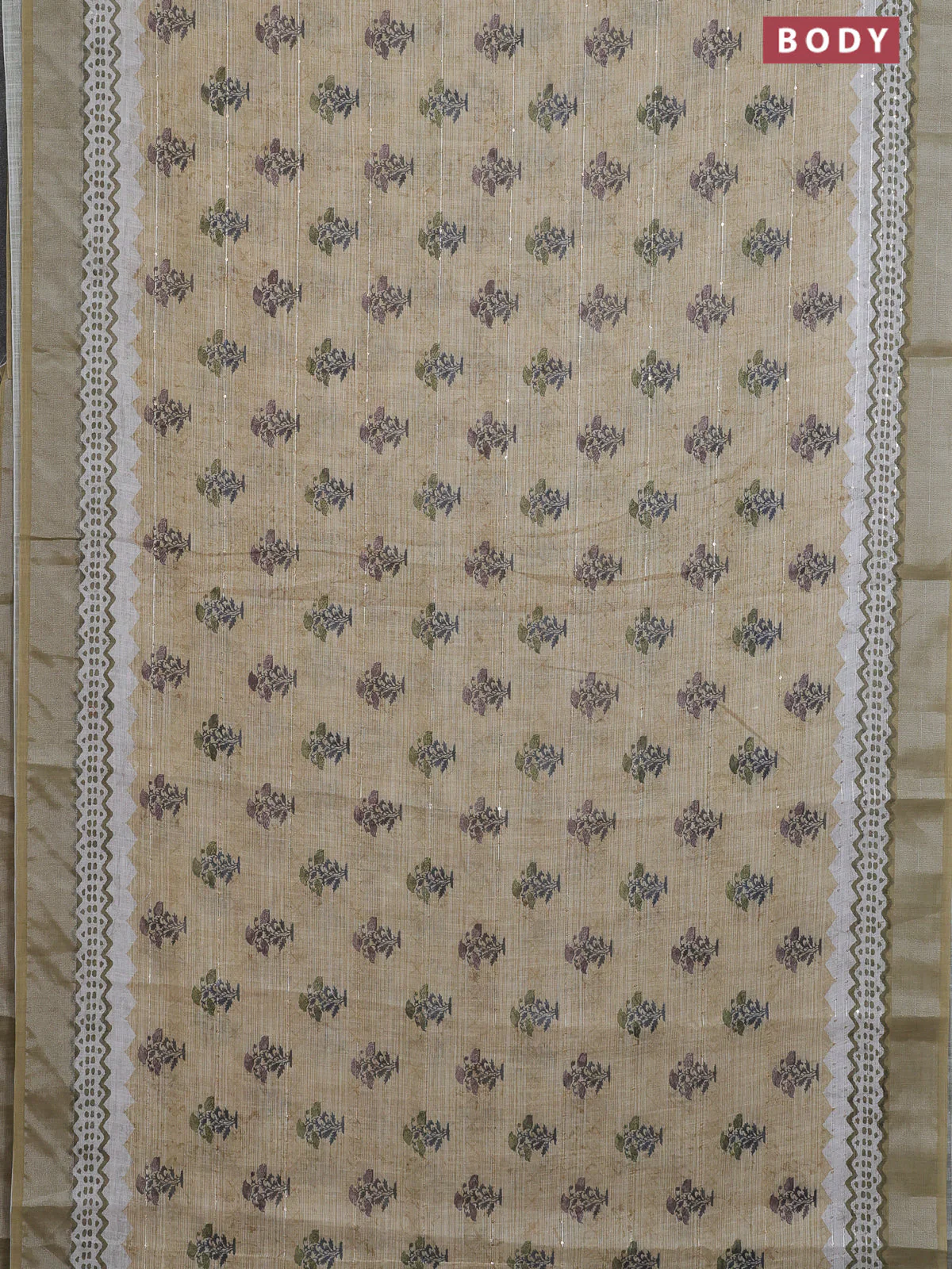 Linen cotton saree sandal with floral butta prints & sequin work and silver zari woven border - Image 2
