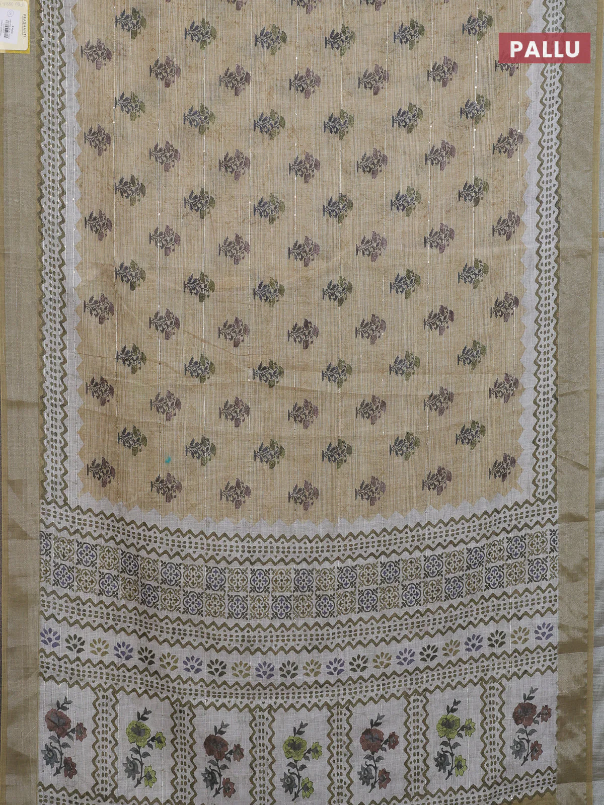 Linen cotton saree sandal with floral butta prints & sequin work and silver zari woven border - Image 3