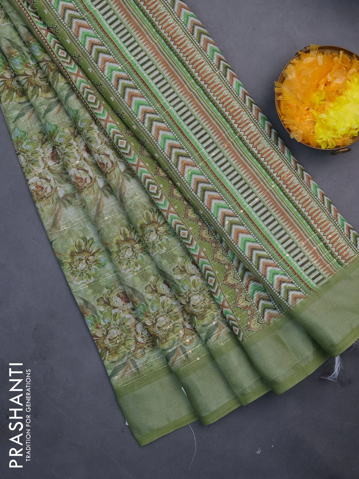 Linen cotton saree sap green with floral prints & sequin work and silver zari woven border