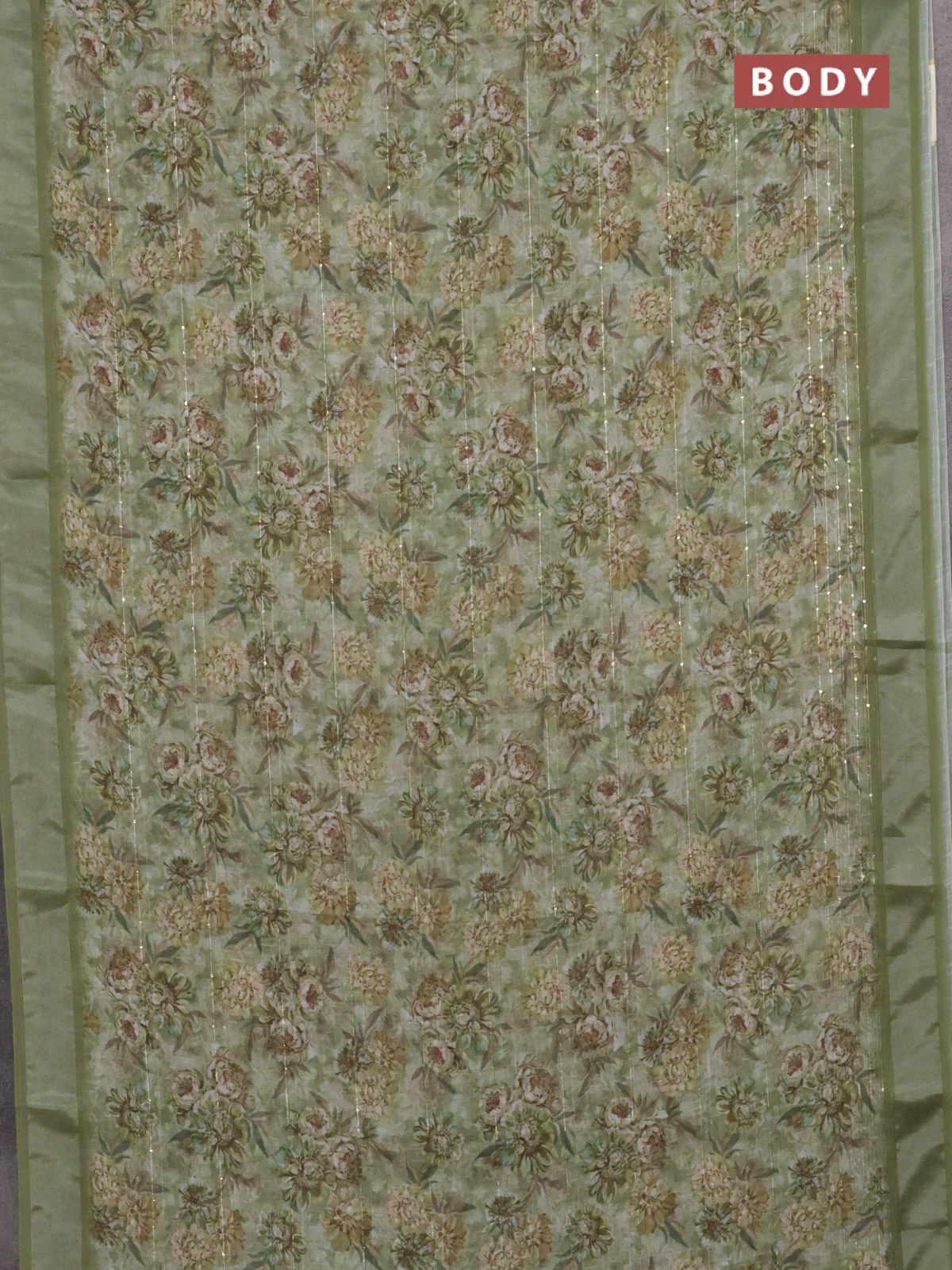 Linen cotton saree sap green with floral prints & sequin work and silver zari woven border - Image 2