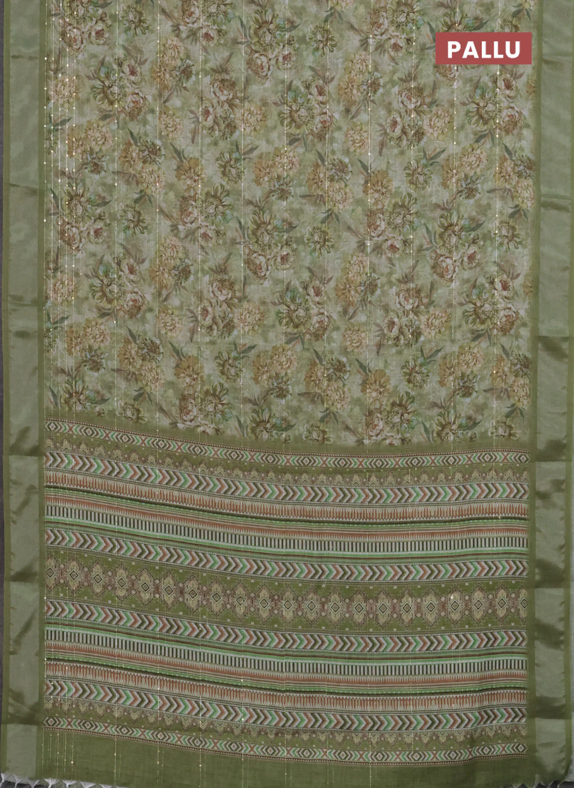 Linen cotton saree sap green with floral prints & sequin work and silver zari woven border - Image 3