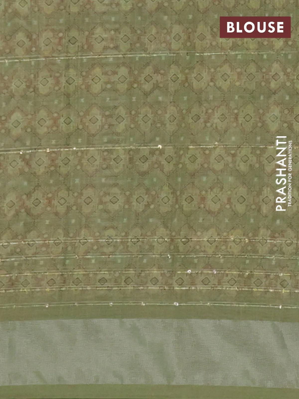 Linen cotton saree sap green with floral prints & sequin work and silver zari woven border - Image 4