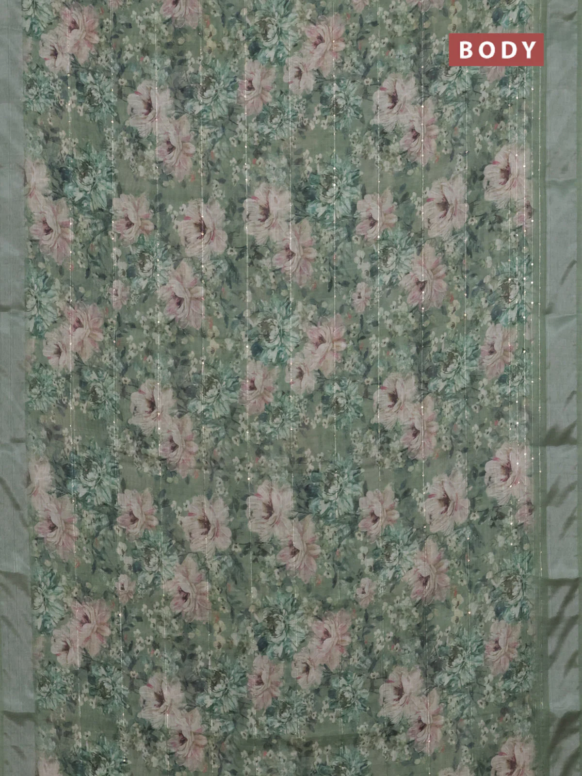 Linen cotton saree sap green with floral prints & sequin work and silver zari woven border - Image 2
